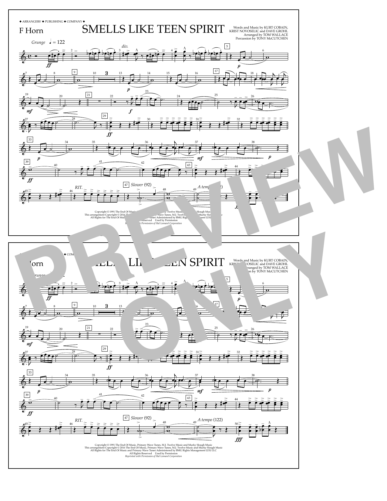 Download Tom Wallace Smells Like Teen Spirit - F Horn Sheet Music and learn how to play Marching Band PDF digital score in minutes