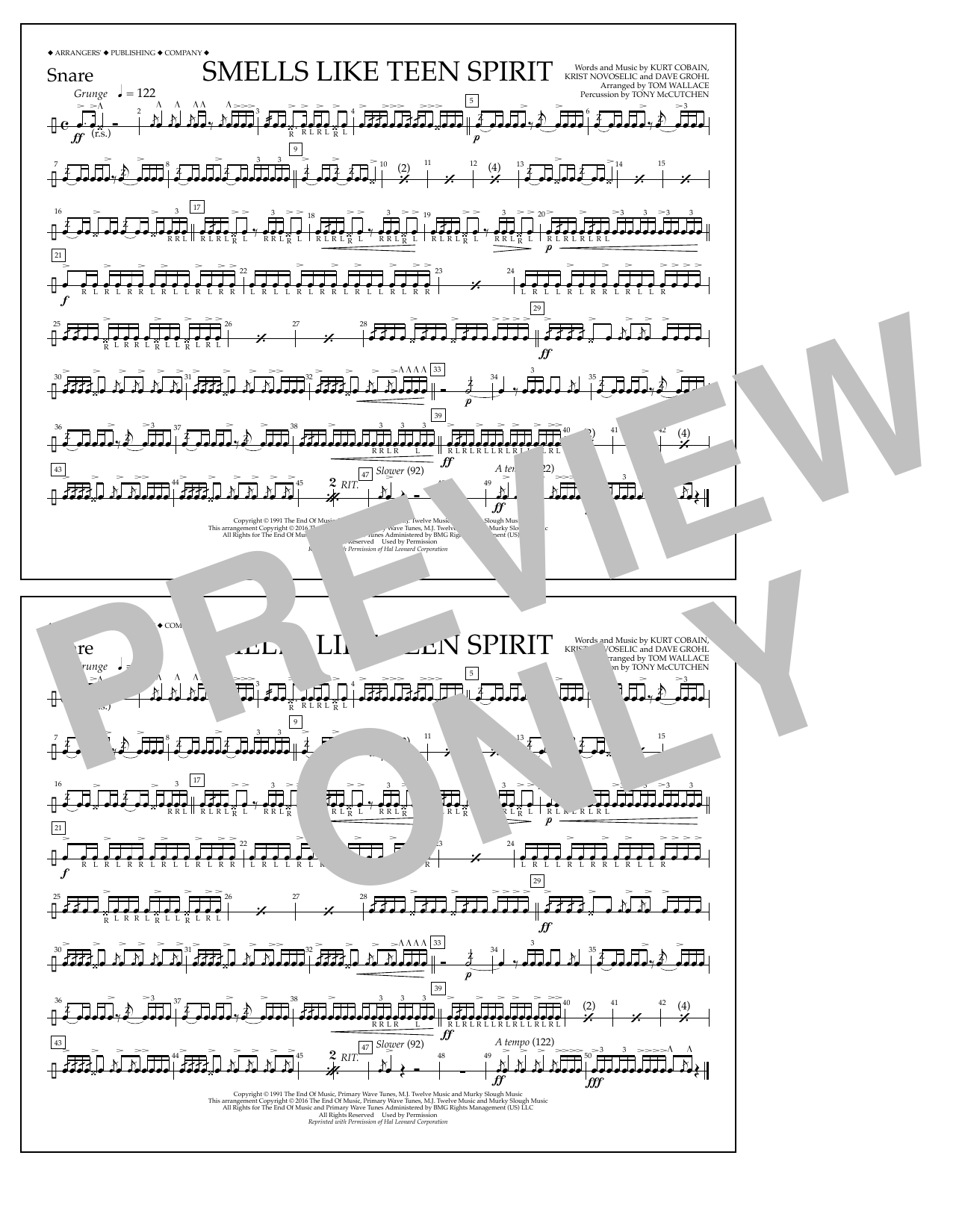 Download Tom Wallace Smells Like Teen Spirit - Snare Sheet Music and learn how to play Marching Band PDF digital score in minutes