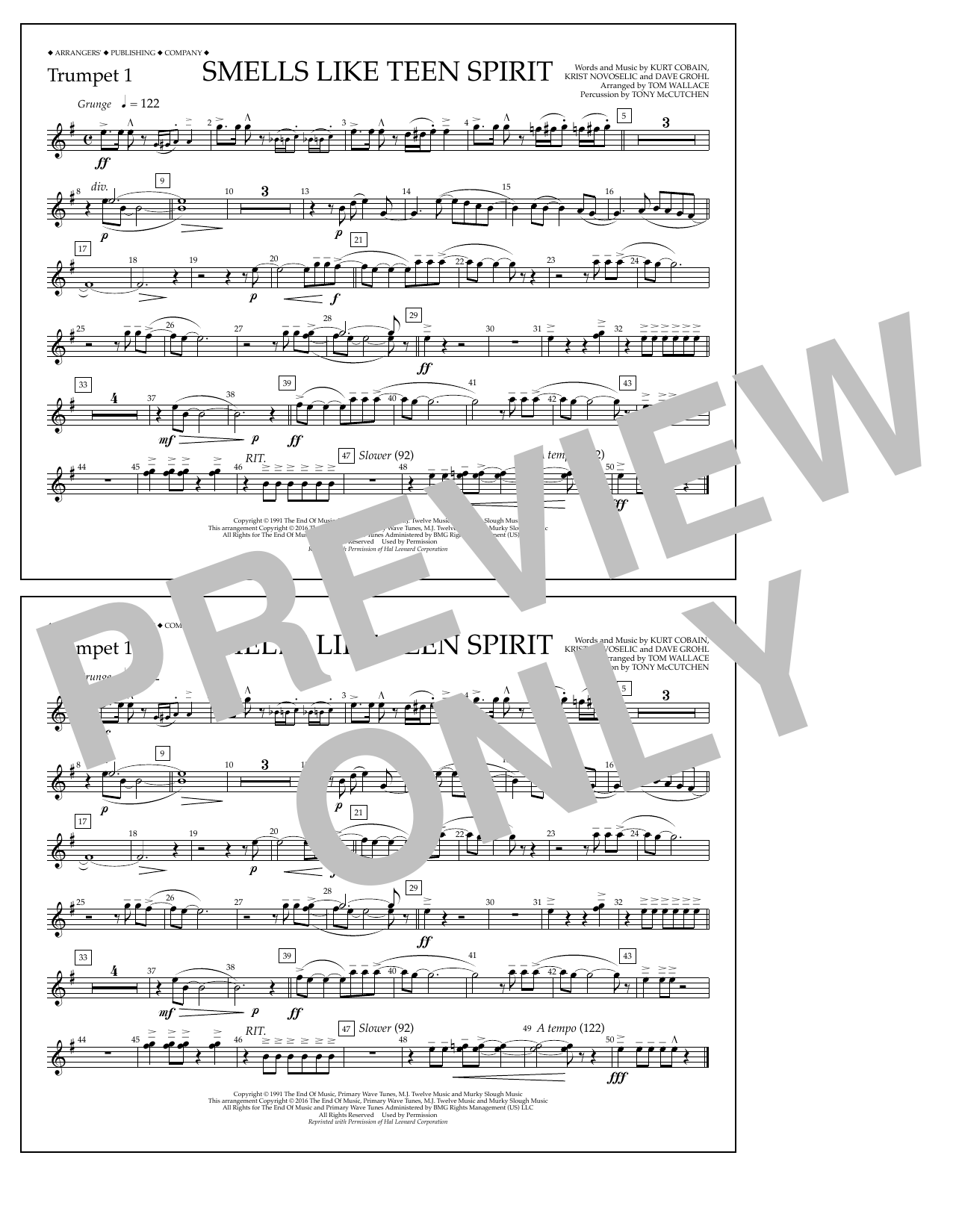 Download Tom Wallace Smells Like Teen Spirit - Trumpet 1 Sheet Music and learn how to play Marching Band PDF digital score in minutes