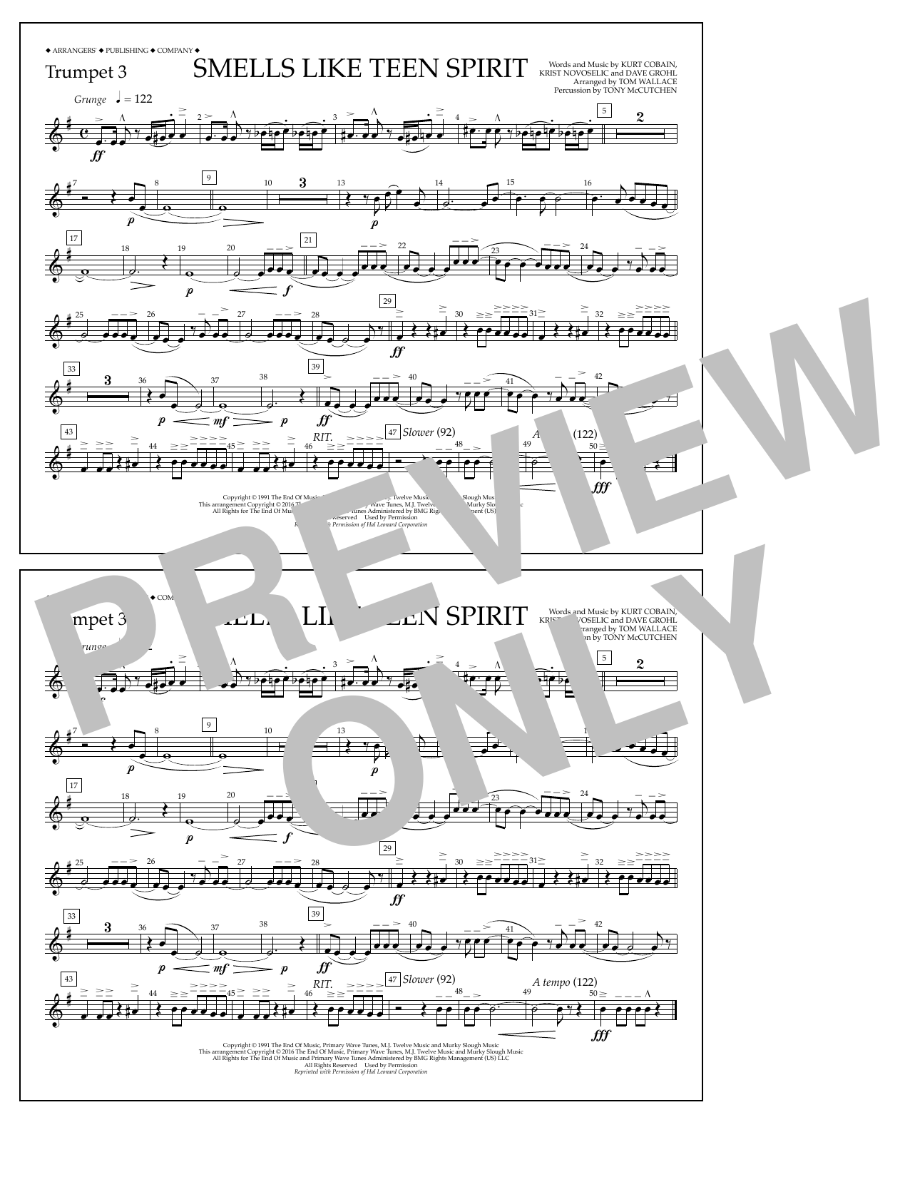 Download Tom Wallace Smells Like Teen Spirit - Trumpet 3 Sheet Music and learn how to play Marching Band PDF digital score in minutes