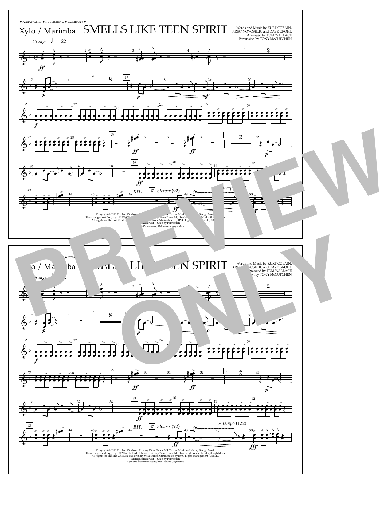 Download Tom Wallace Smells Like Teen Spirit - Xylophone/Marimba Sheet Music and learn how to play Marching Band PDF digital score in minutes