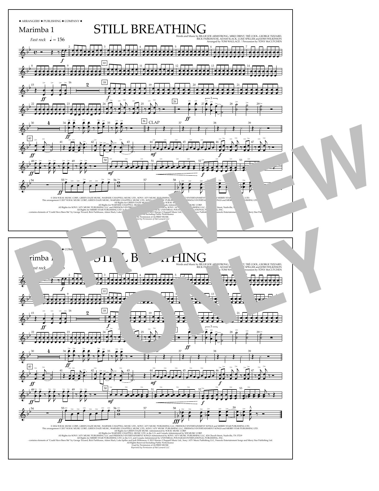 Download Tom Wallace Still Breathing - Marimba 1 Sheet Music and learn how to play Marching Band PDF digital score in minutes
