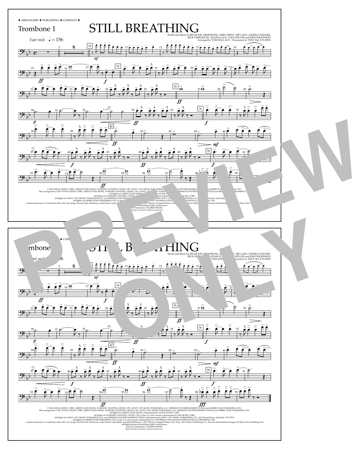 Download Tom Wallace Still Breathing - Trombone 1 Sheet Music and learn how to play Marching Band PDF digital score in minutes