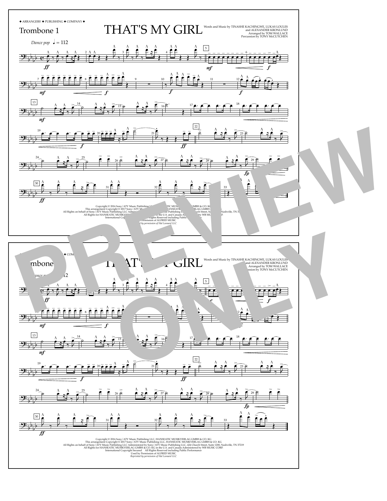 Download Tom Wallace That's My Girl - Trombone 1 Sheet Music and learn how to play Marching Band PDF digital score in minutes