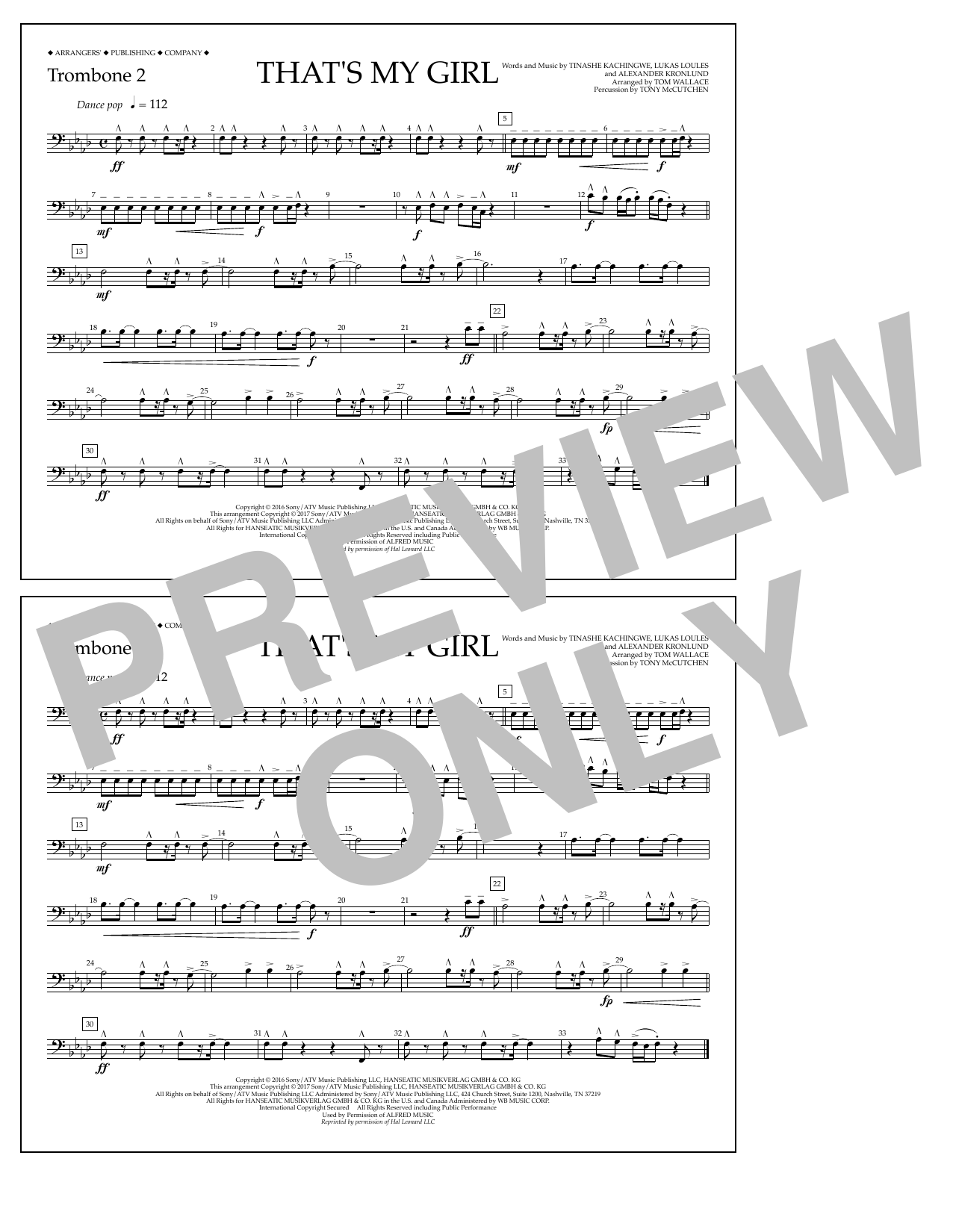 Download Tom Wallace That's My Girl - Trombone 2 Sheet Music and learn how to play Marching Band PDF digital score in minutes