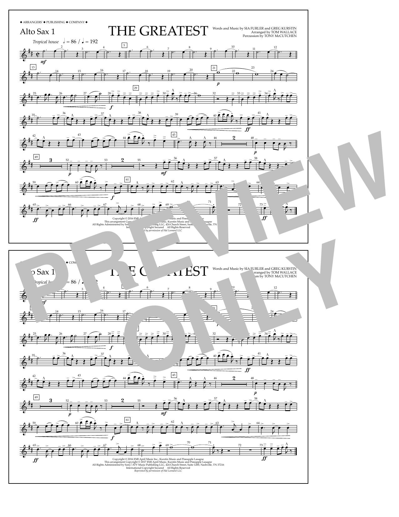 Download Tom Wallace The Greatest - Alto Sax 1 Sheet Music and learn how to play Marching Band PDF digital score in minutes