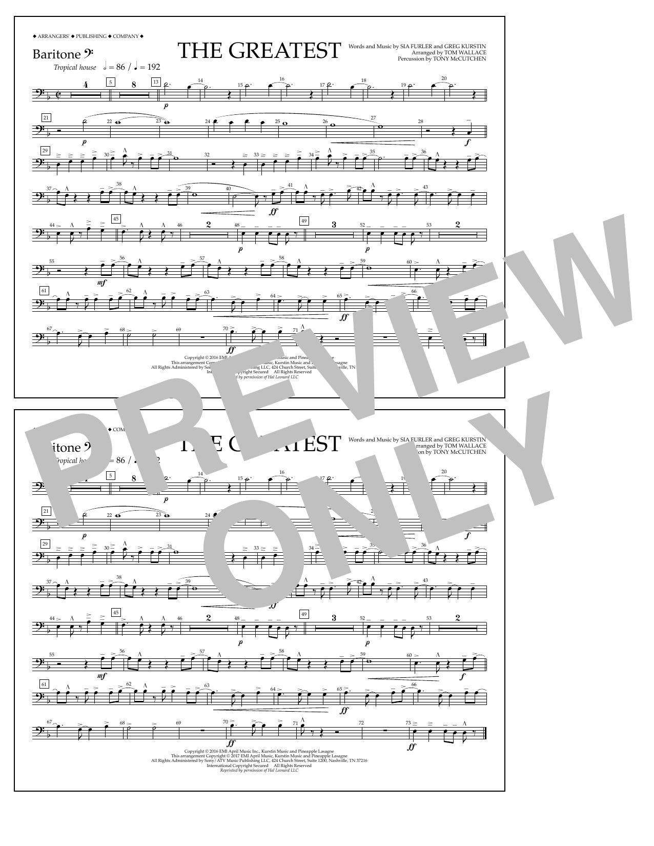 Download Tom Wallace The Greatest - Baritone B.C. Sheet Music and learn how to play Marching Band PDF digital score in minutes
