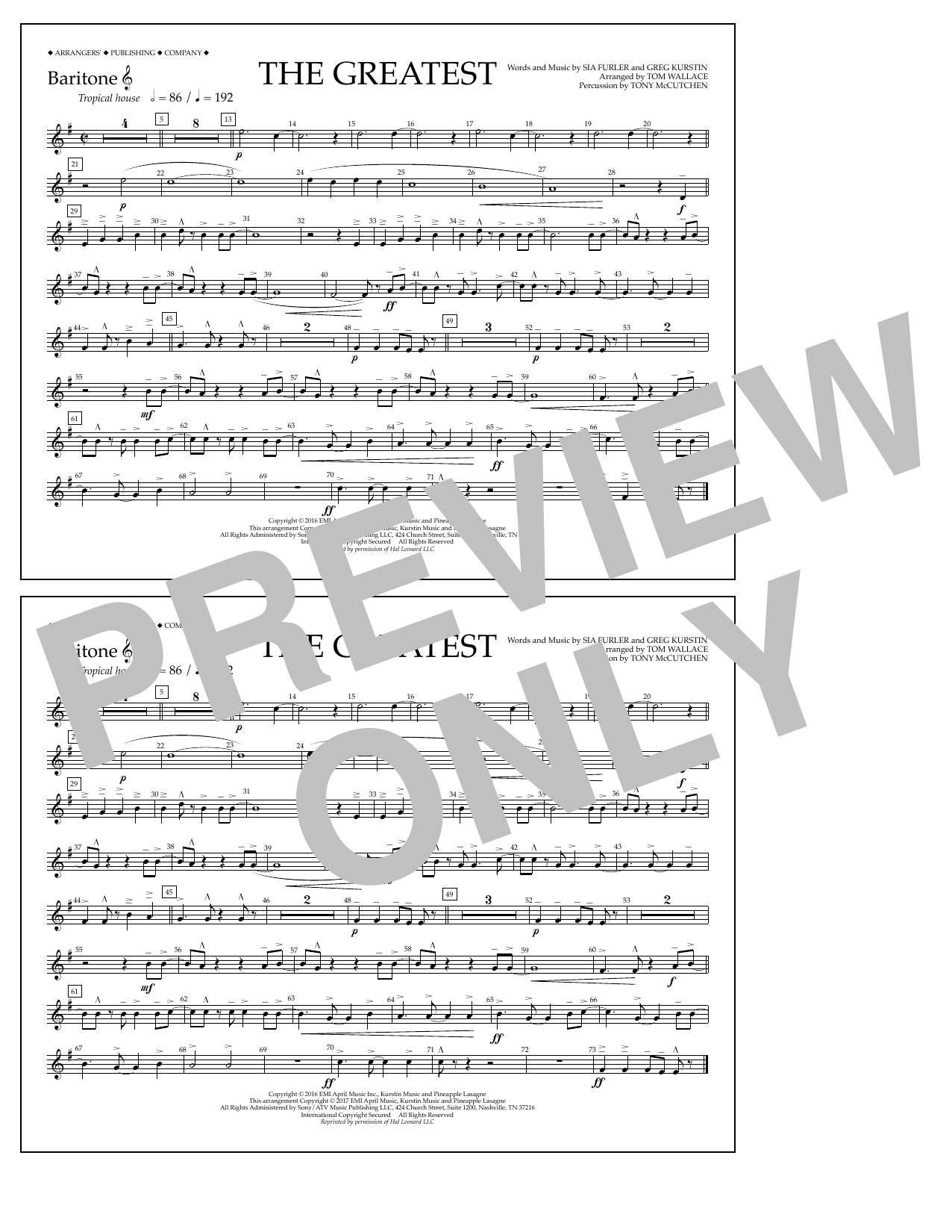 Download Tom Wallace The Greatest - Baritone T.C. Sheet Music and learn how to play Marching Band PDF digital score in minutes
