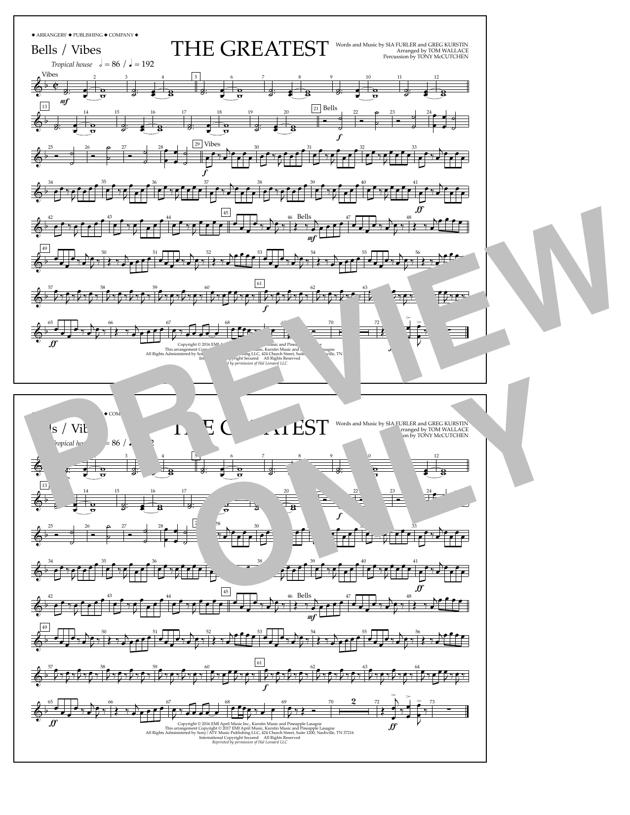 Download Tom Wallace The Greatest - Bells/Vibes Sheet Music and learn how to play Marching Band PDF digital score in minutes