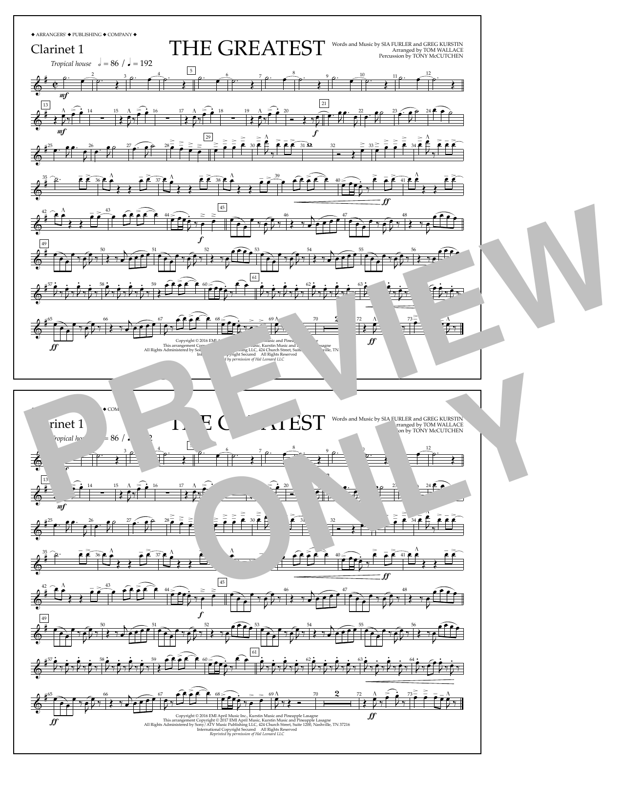Download Tom Wallace The Greatest - Clarinet 1 Sheet Music and learn how to play Marching Band PDF digital score in minutes