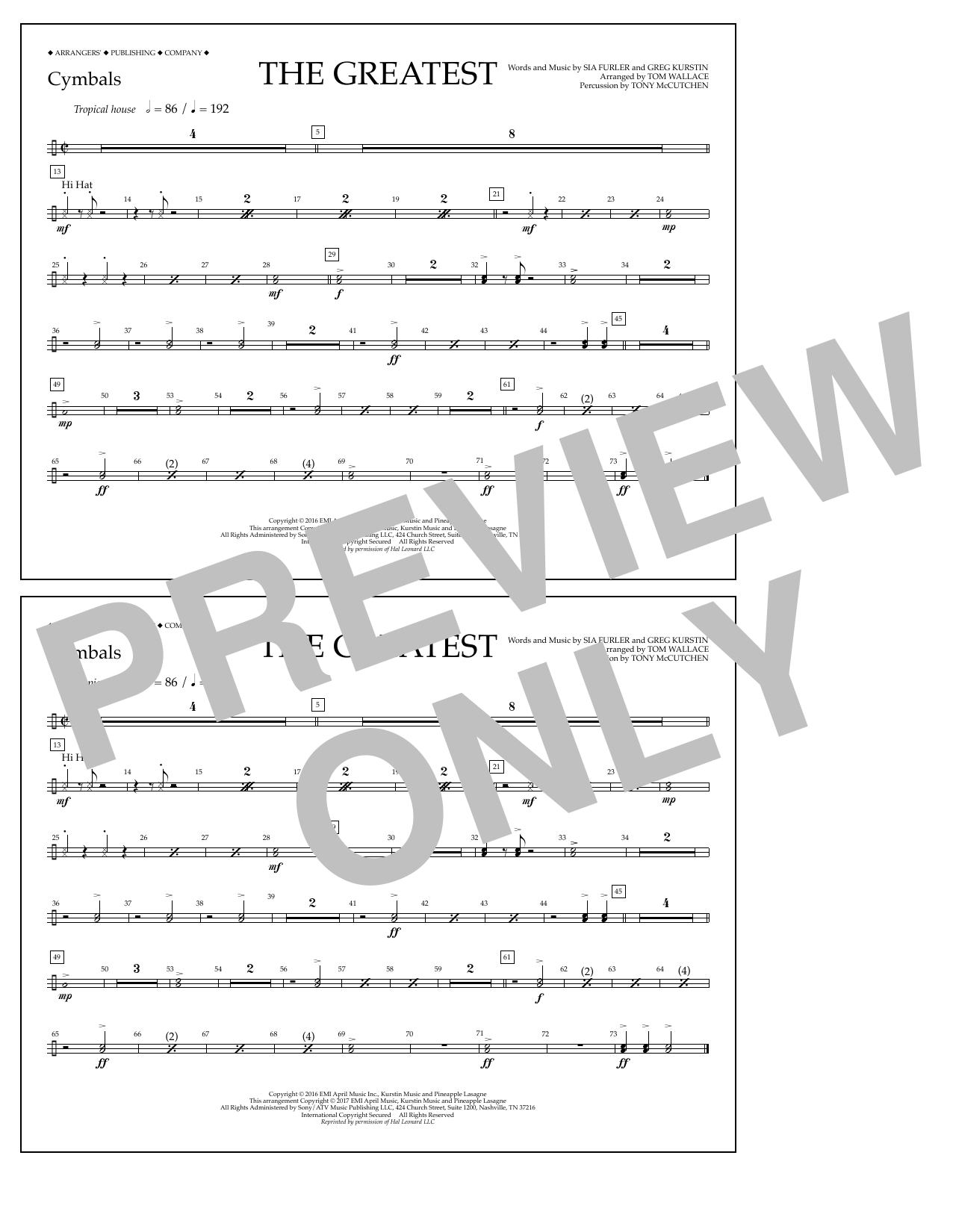 Download Tom Wallace The Greatest - Cymbals Sheet Music and learn how to play Marching Band PDF digital score in minutes