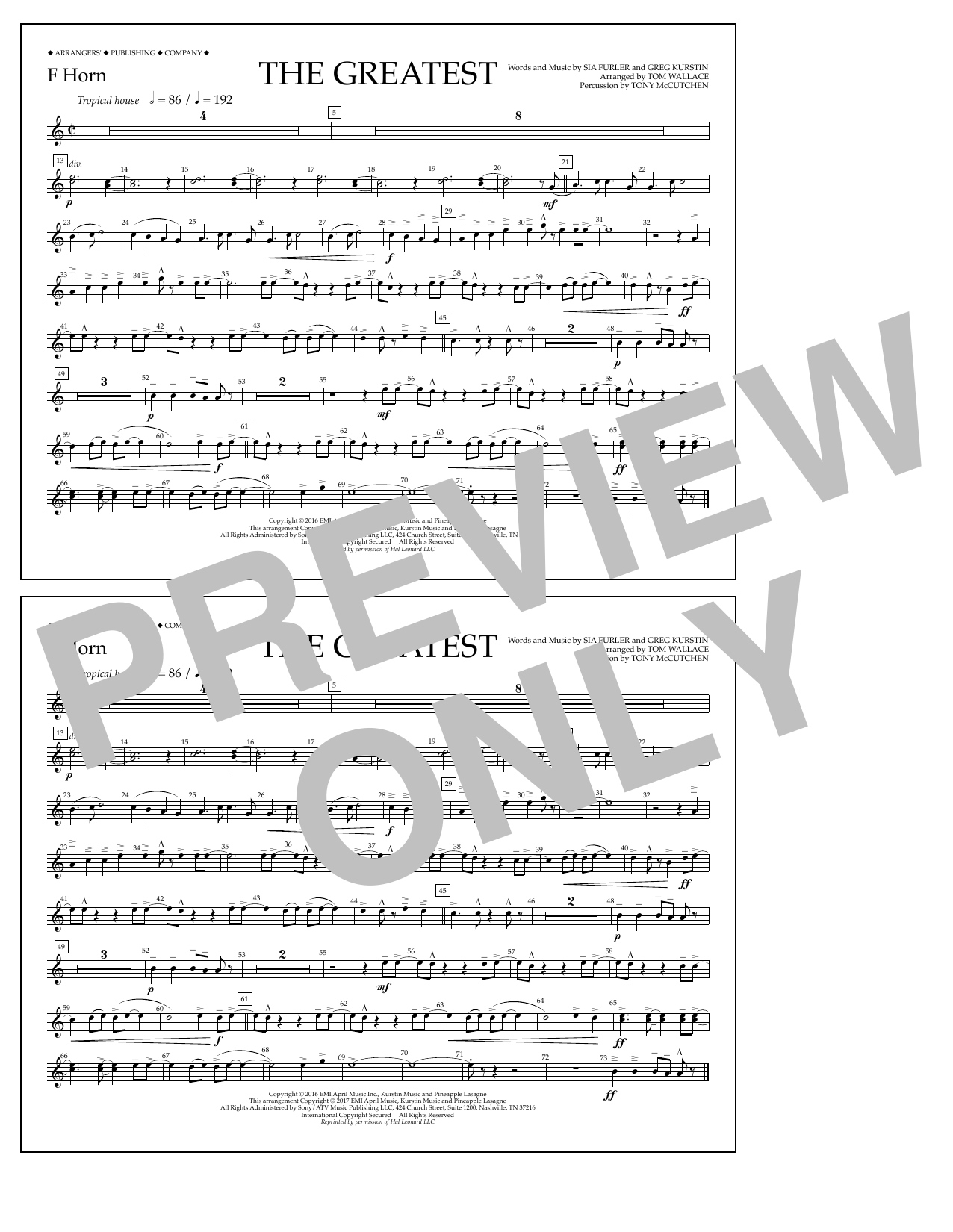 Download Tom Wallace The Greatest - F Horn Sheet Music and learn how to play Marching Band PDF digital score in minutes