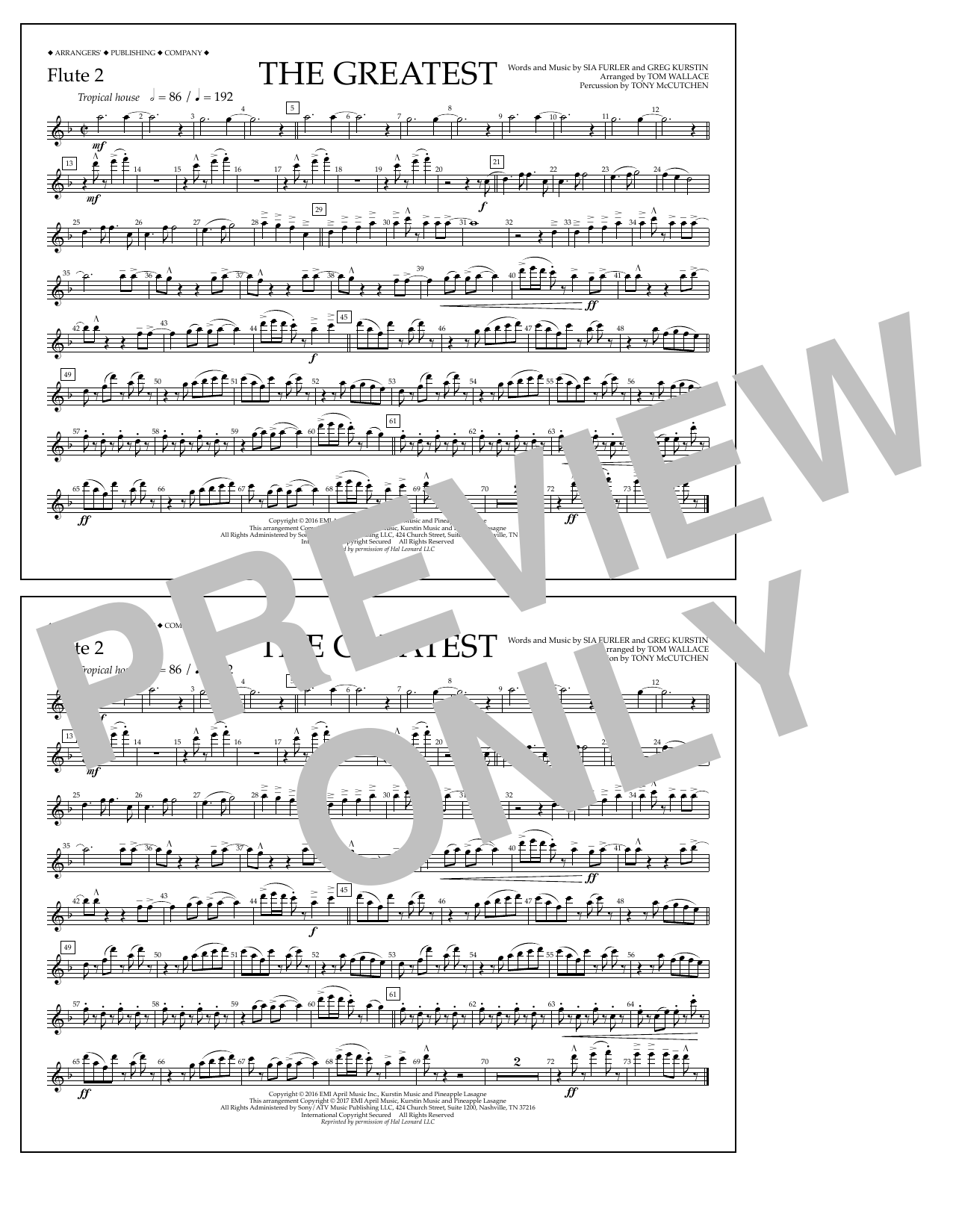 Download Tom Wallace The Greatest - Flute 2 Sheet Music and learn how to play Marching Band PDF digital score in minutes