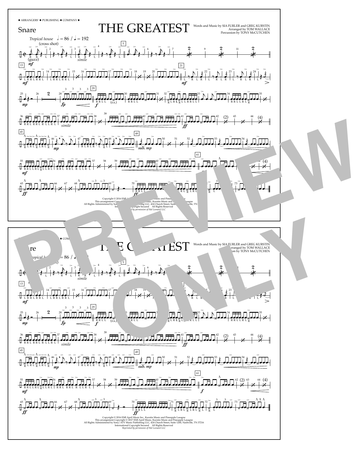 Download Tom Wallace The Greatest - Snare Sheet Music and learn how to play Marching Band PDF digital score in minutes
