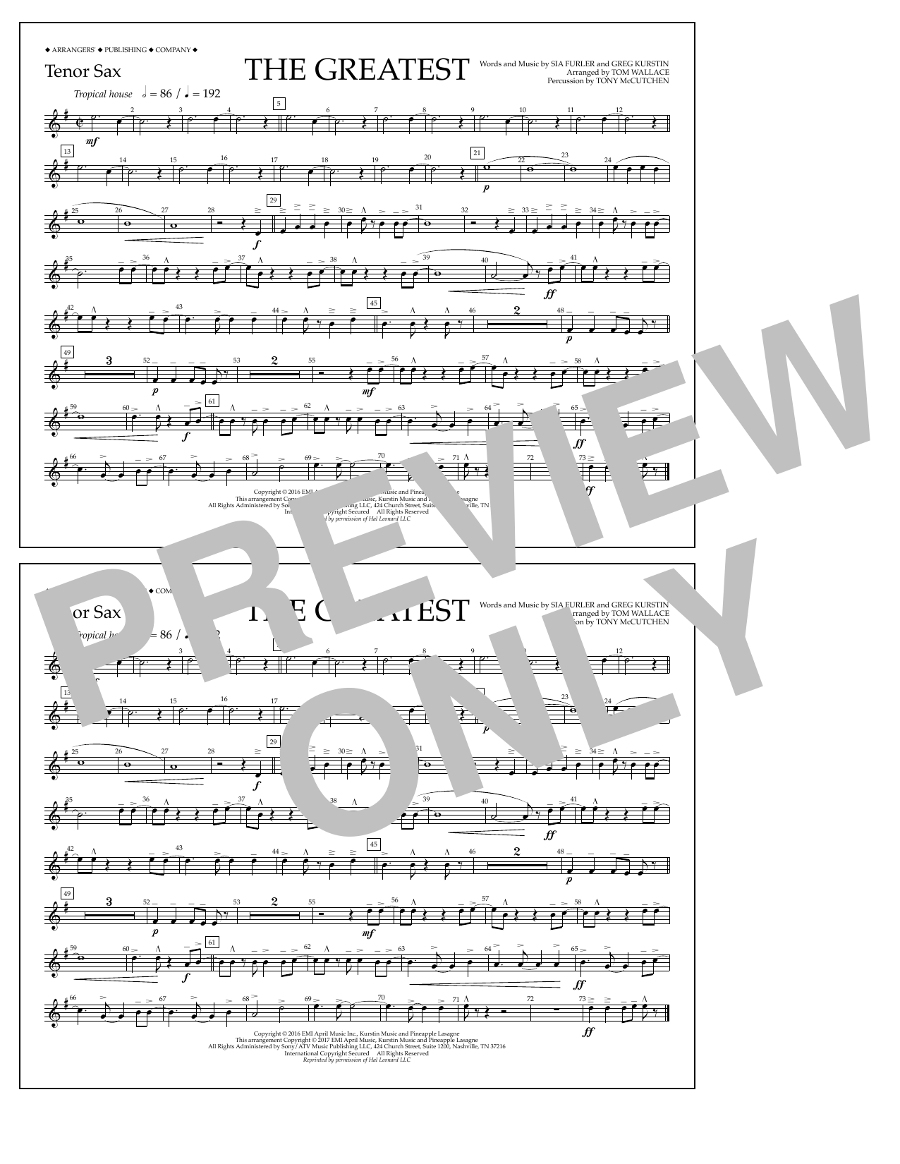 Download Tom Wallace The Greatest - Tenor Sax Sheet Music and learn how to play Marching Band PDF digital score in minutes