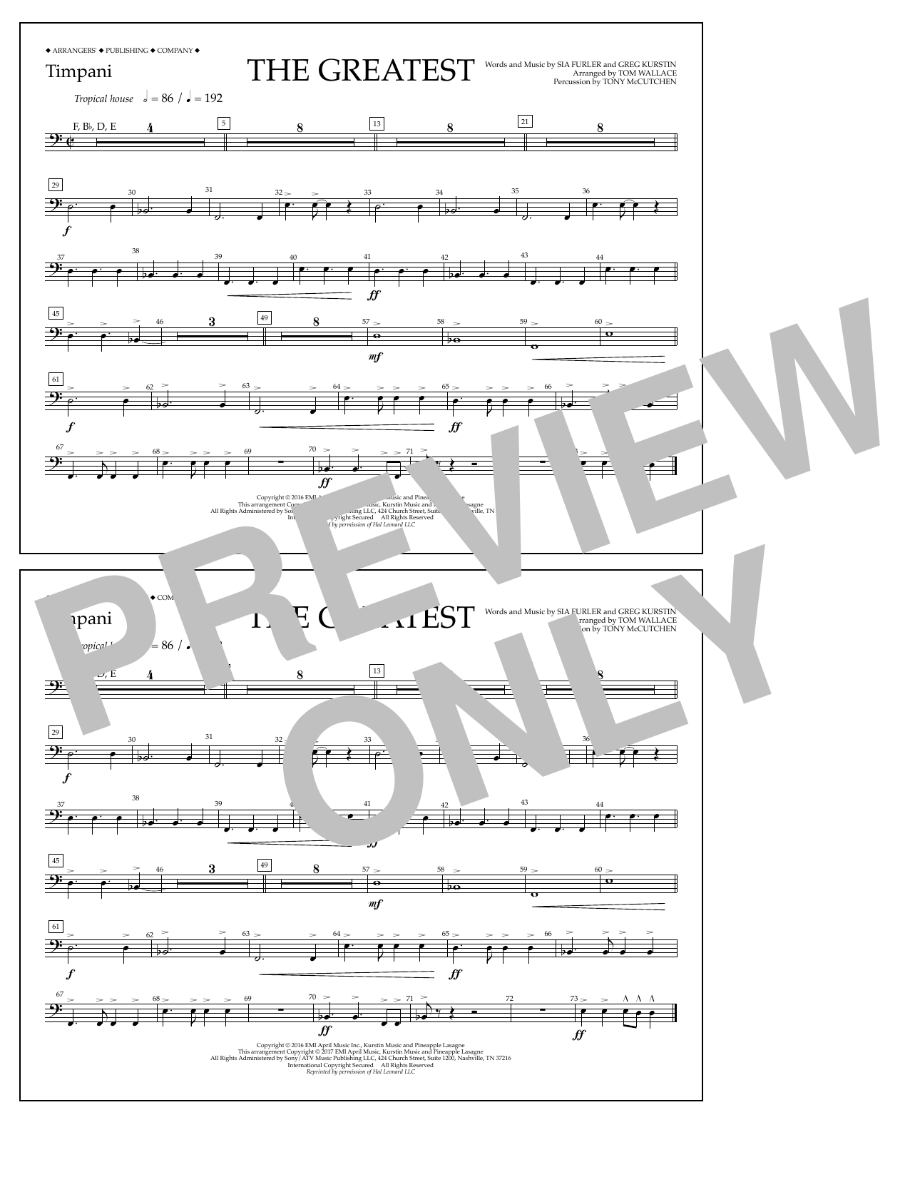 Download Tom Wallace The Greatest - Timpani Sheet Music and learn how to play Marching Band PDF digital score in minutes