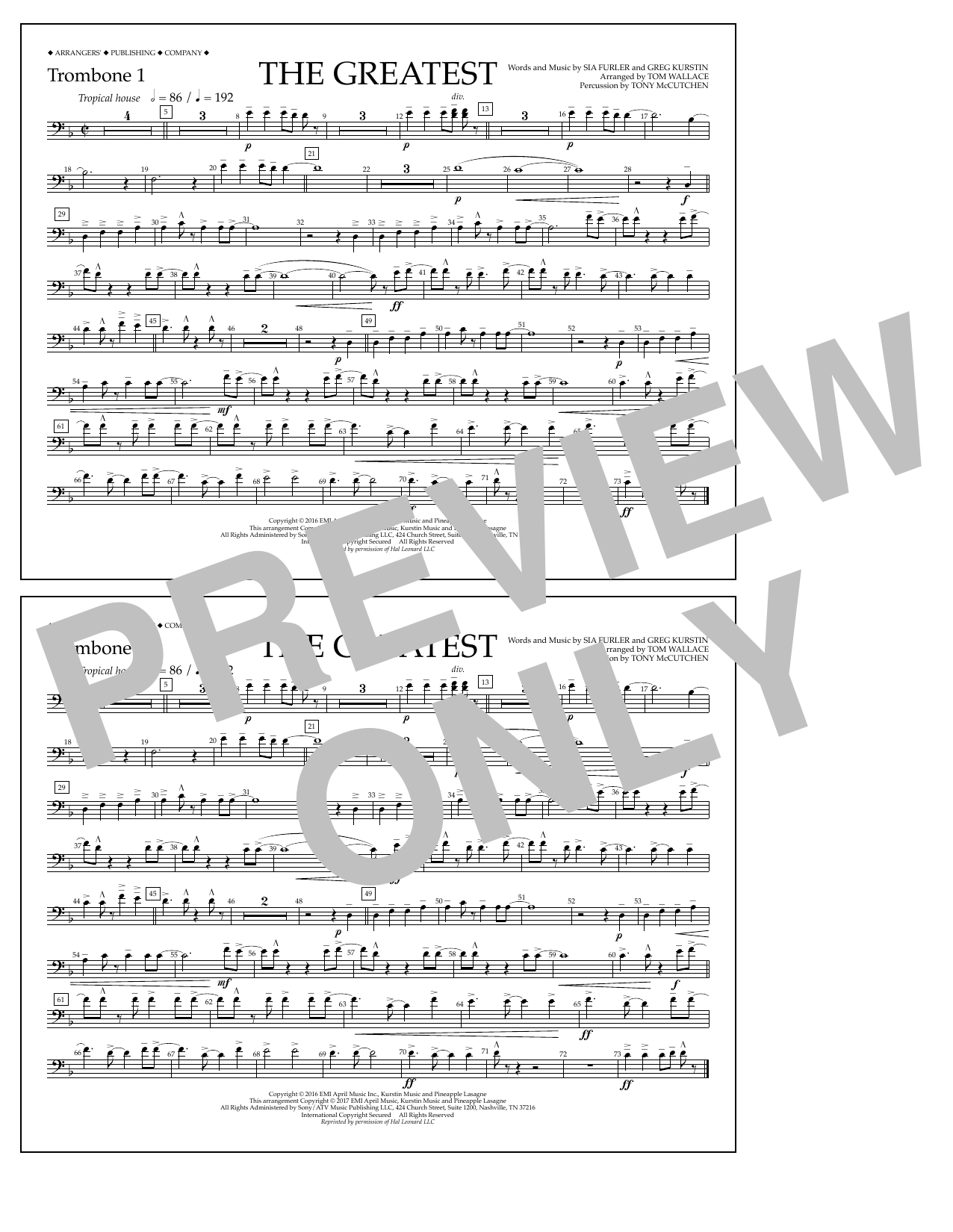 Download Tom Wallace The Greatest - Trombone 1 Sheet Music and learn how to play Marching Band PDF digital score in minutes