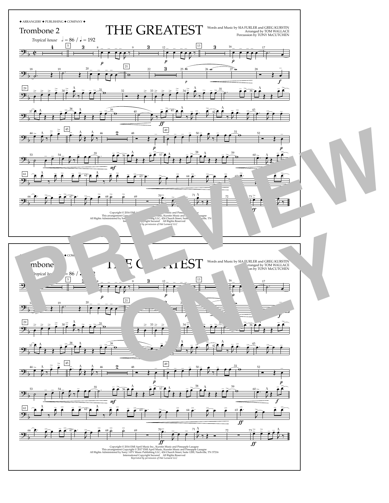 Download Tom Wallace The Greatest - Trombone 2 Sheet Music and learn how to play Marching Band PDF digital score in minutes