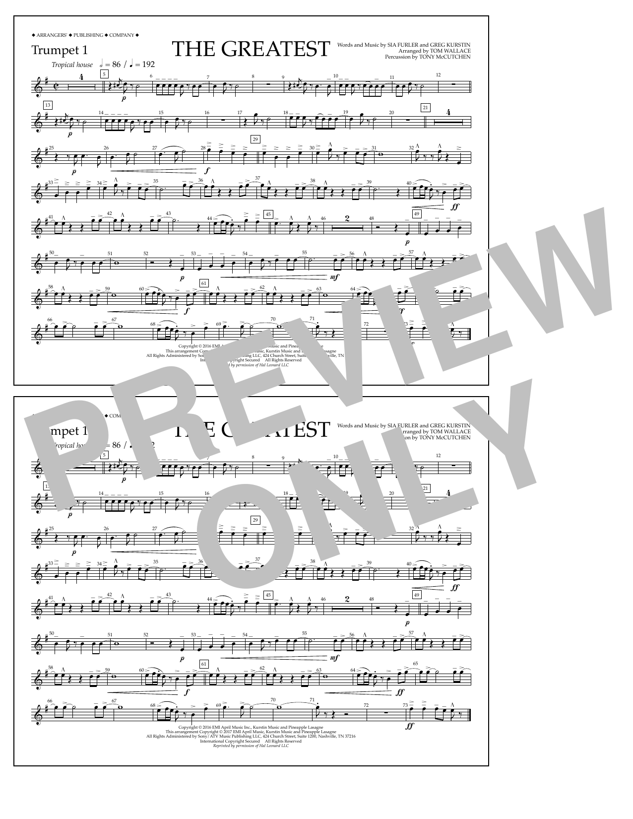 Download Tom Wallace The Greatest - Trumpet 1 Sheet Music and learn how to play Marching Band PDF digital score in minutes