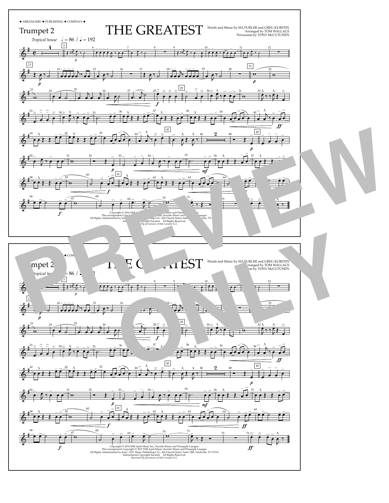 Download Tom Wallace The Greatest - Trumpet 2 Sheet Music and learn how to play Marching Band PDF digital score in minutes