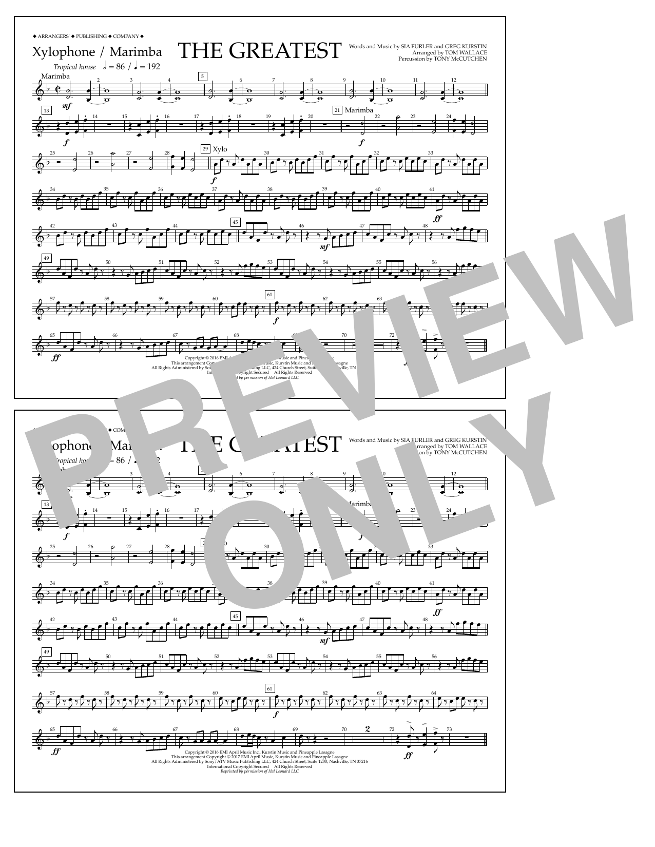 Download Tom Wallace The Greatest - Xylophone/Marimba Sheet Music and learn how to play Marching Band PDF digital score in minutes