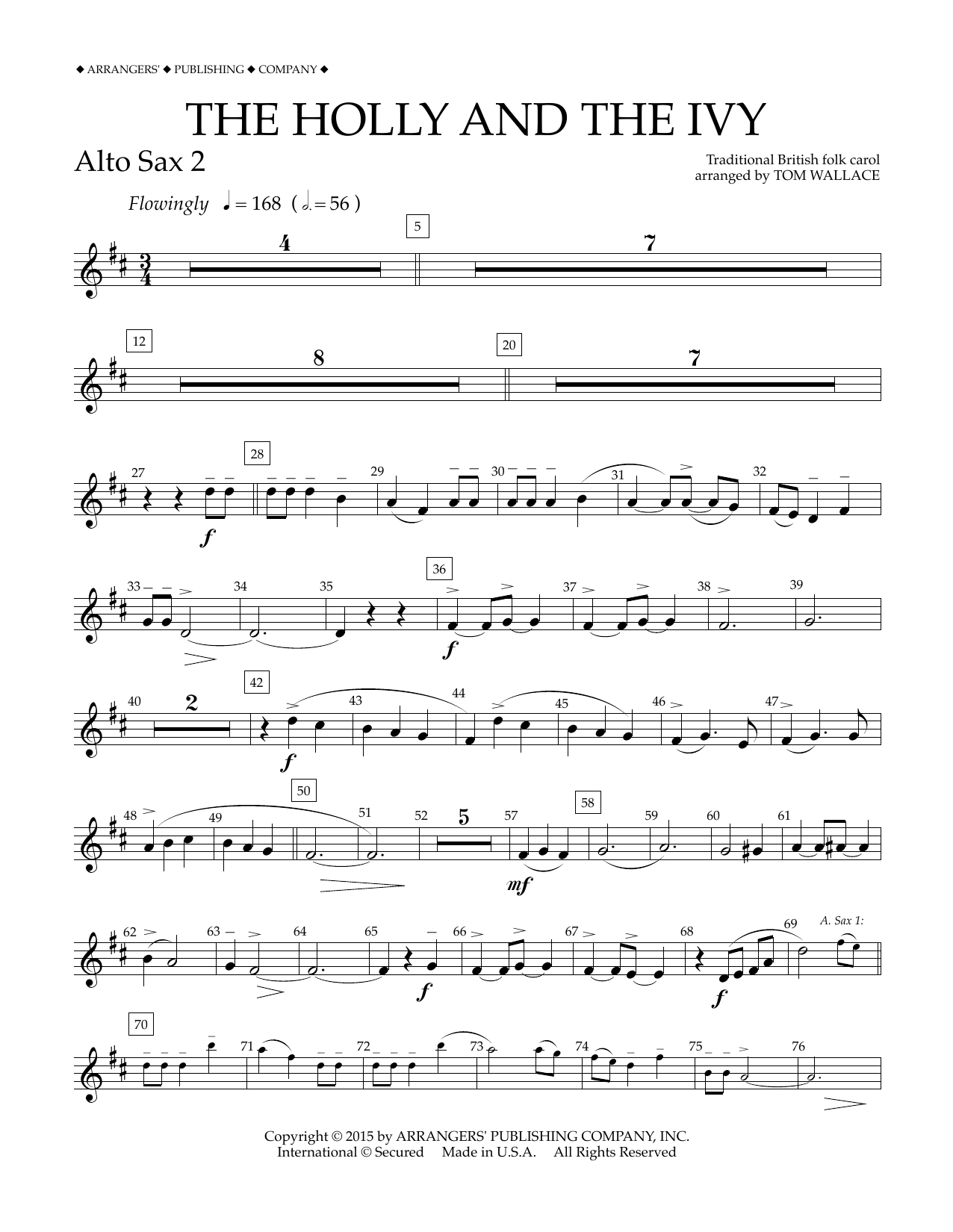 Download Tom Wallace The Holly and the Ivy - Eb Alto Saxophone 2 Sheet Music and learn how to play Concert Band PDF digital score in minutes