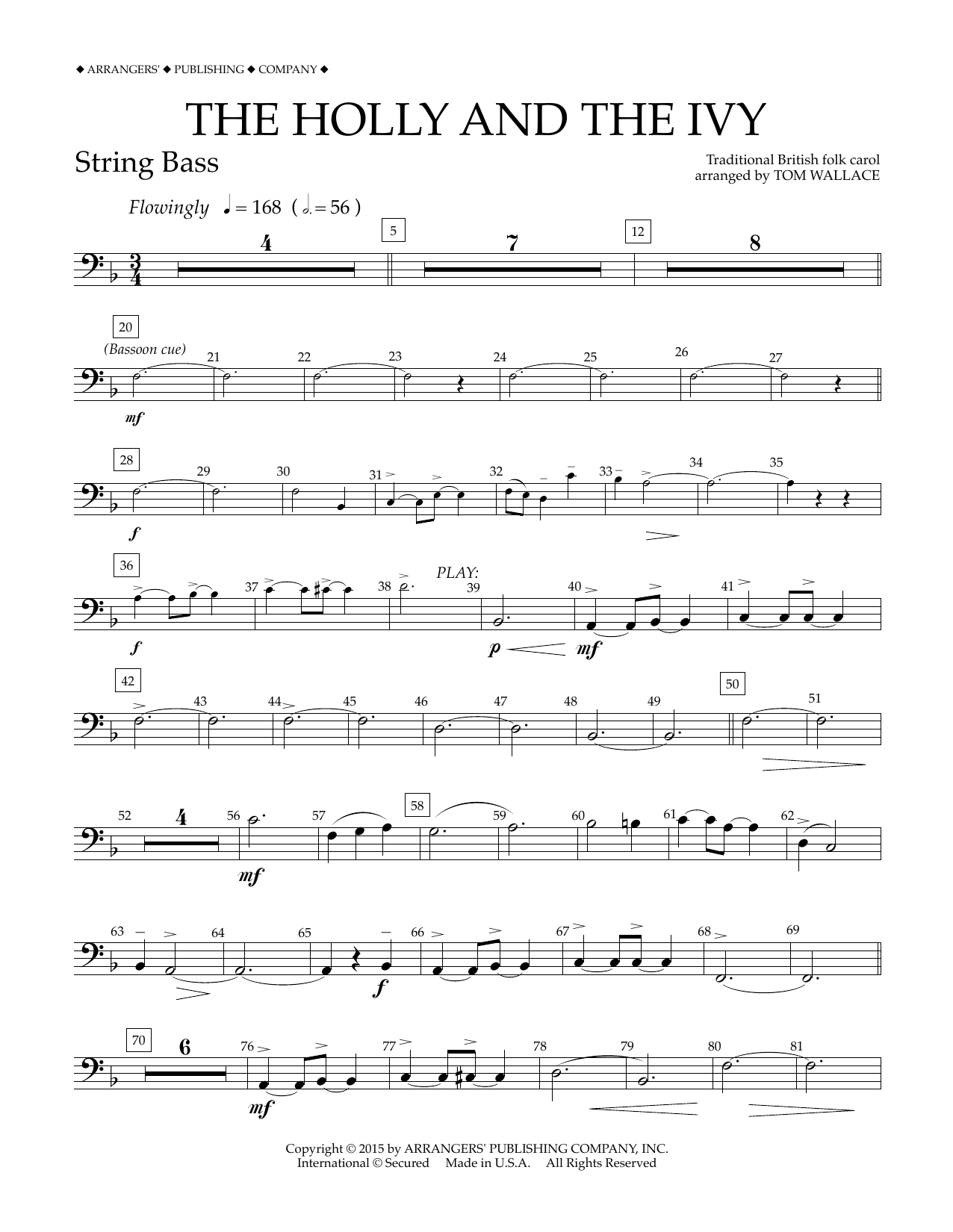 Download Tom Wallace The Holly and the Ivy - String Bass Sheet Music and learn how to play Concert Band PDF digital score in minutes