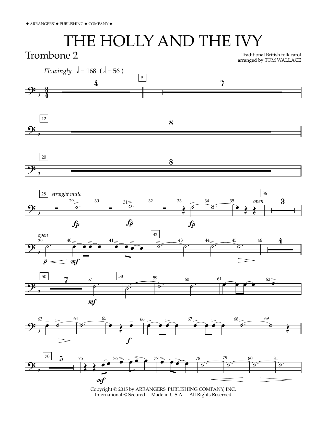 Download Tom Wallace The Holly and the Ivy - Trombone 2 Sheet Music and learn how to play Concert Band PDF digital score in minutes