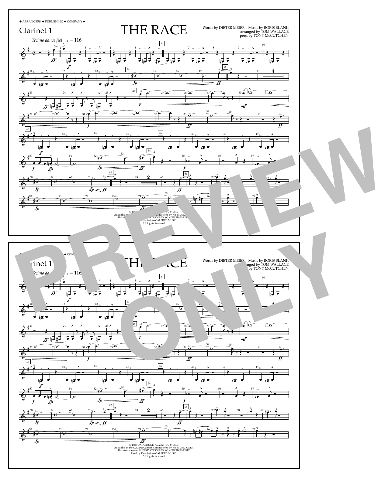 Download Tom Wallace The Race - Clarinet 1 Sheet Music and learn how to play Marching Band PDF digital score in minutes