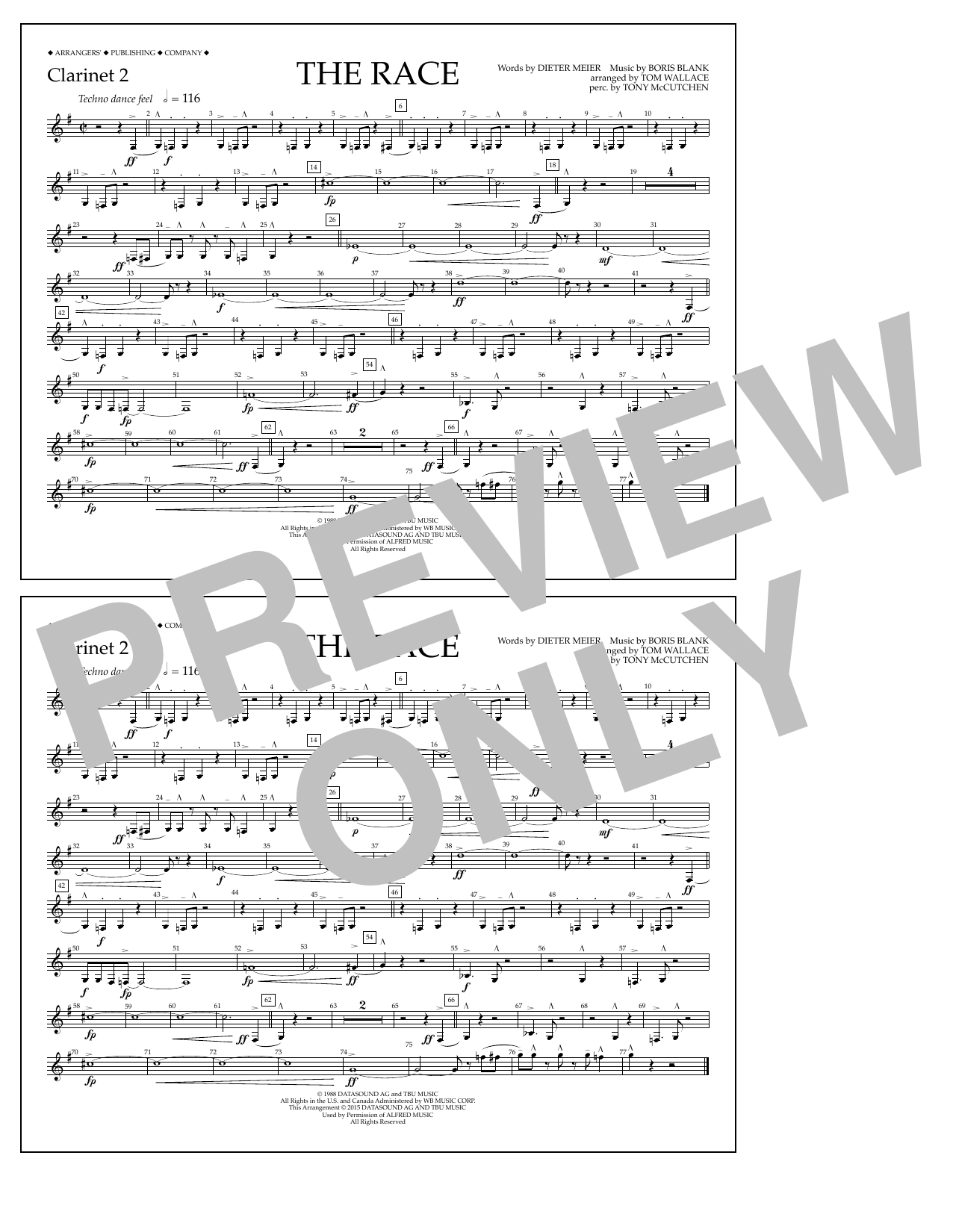 Download Tom Wallace The Race - Clarinet 2 Sheet Music and learn how to play Marching Band PDF digital score in minutes
