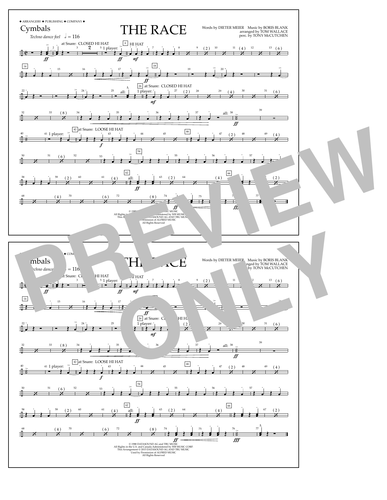 Download Tom Wallace The Race - Cymbals Sheet Music and learn how to play Marching Band PDF digital score in minutes
