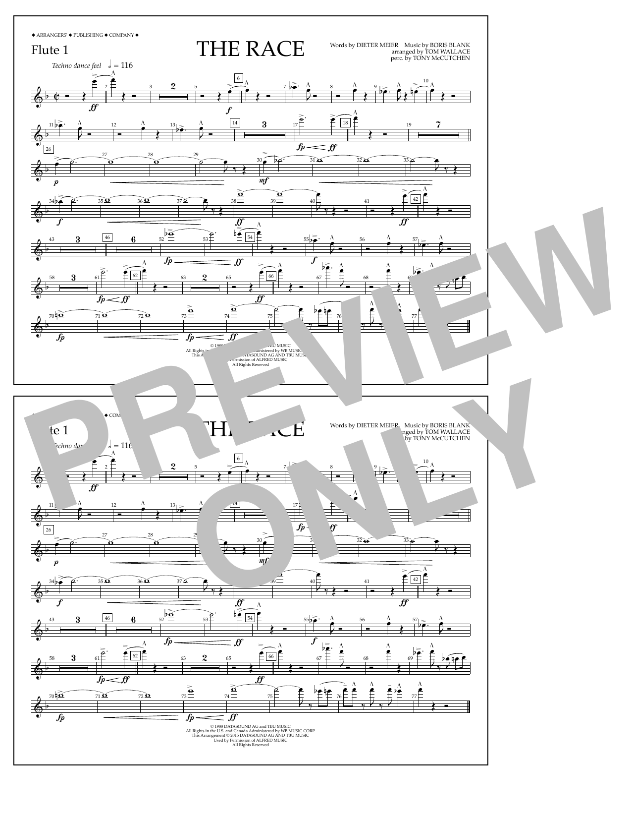 Download Tom Wallace The Race - Flute 1 Sheet Music and learn how to play Marching Band PDF digital score in minutes