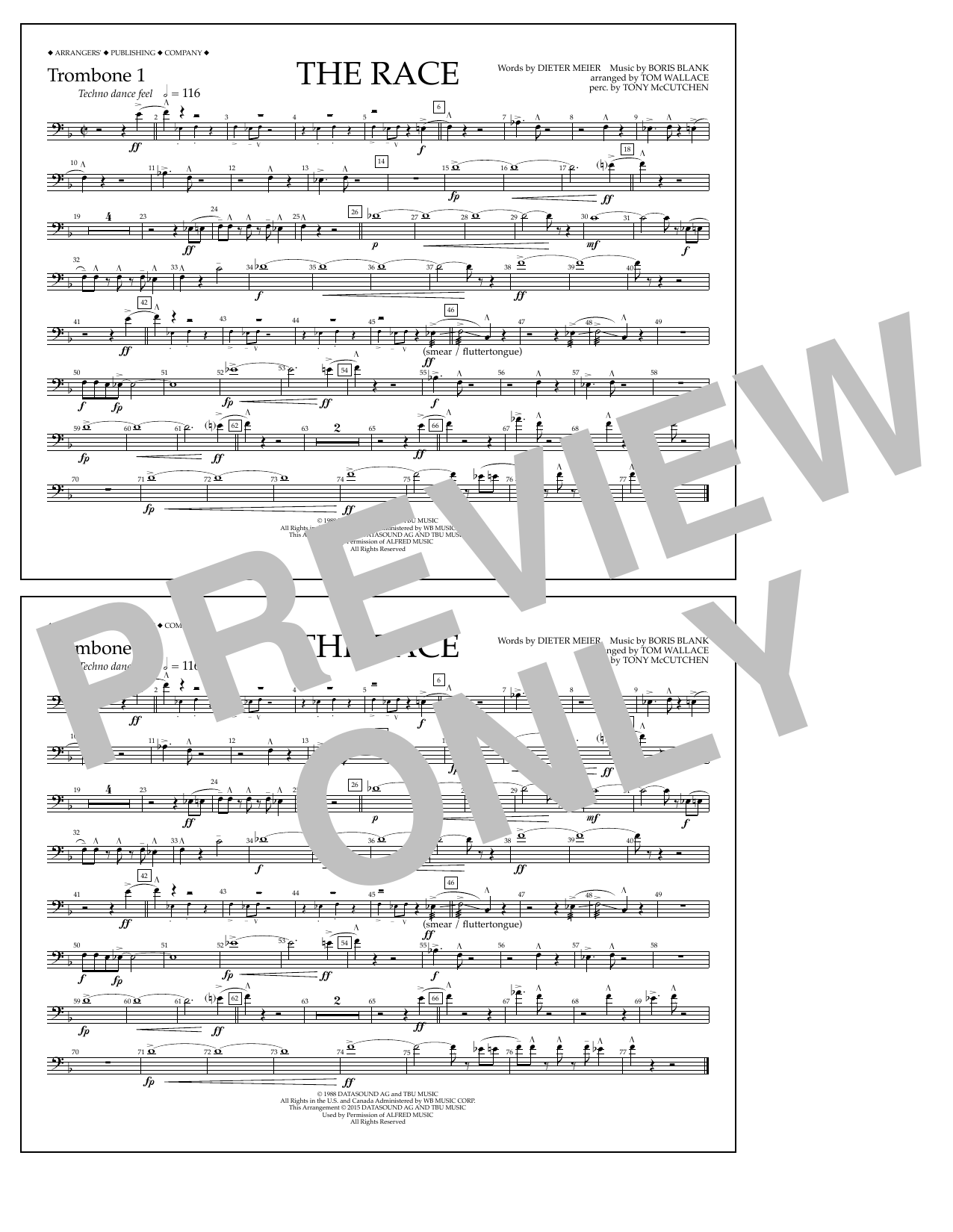 Download Tom Wallace The Race - Trombone 1 Sheet Music and learn how to play Marching Band PDF digital score in minutes