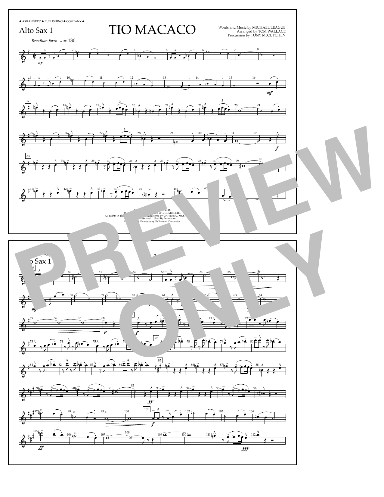 Download Tom Wallace Tio Macaco - Alto Sax 1 Sheet Music and learn how to play Marching Band PDF digital score in minutes