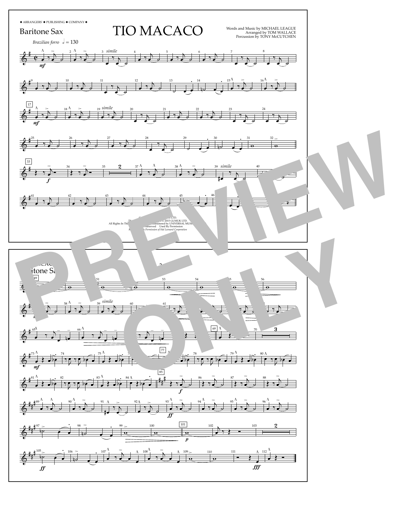 Download Tom Wallace Tio Macaco - Baritone Sax Sheet Music and learn how to play Marching Band PDF digital score in minutes