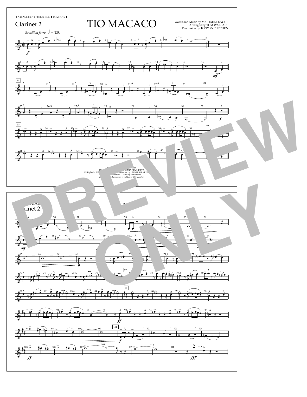 Download Tom Wallace Tio Macaco - Clarinet 2 Sheet Music and learn how to play Marching Band PDF digital score in minutes