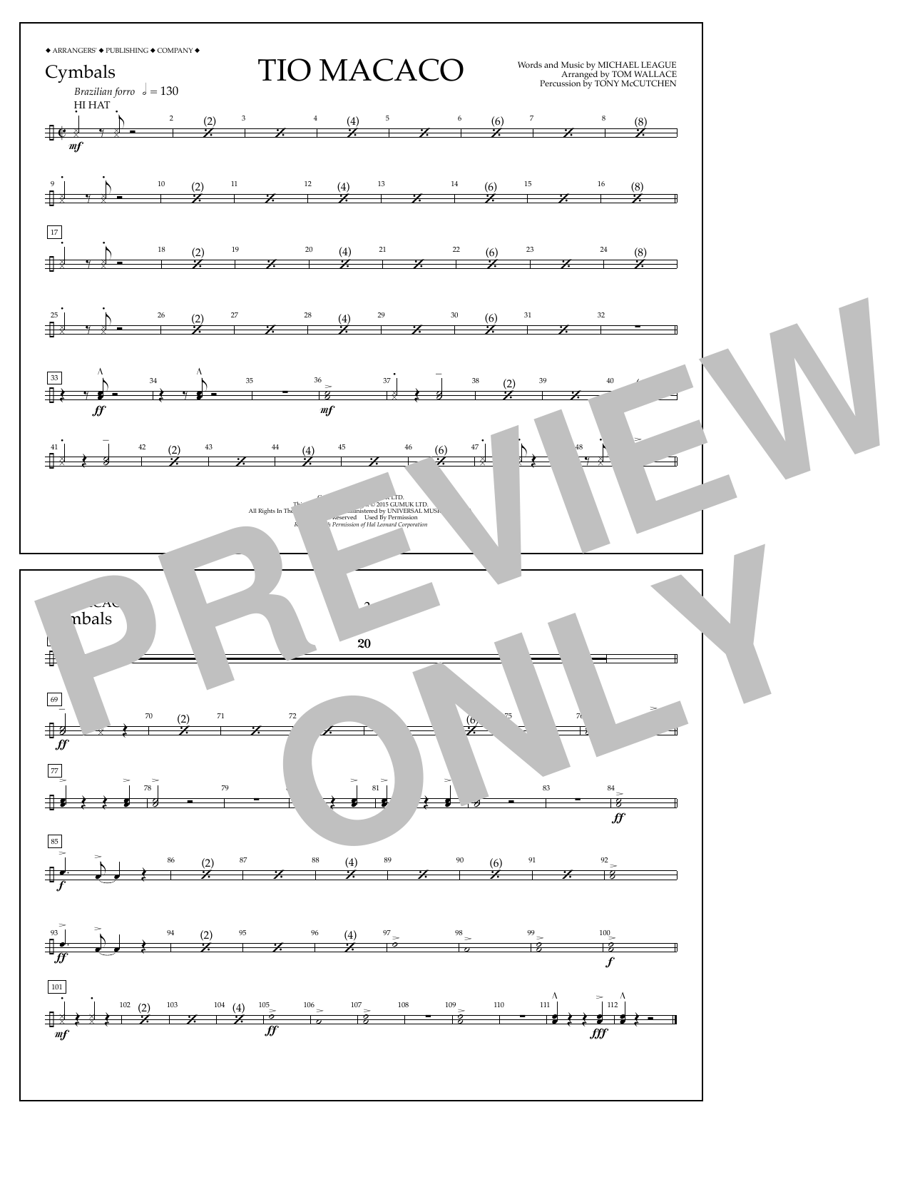 Download Tom Wallace Tio Macaco - Cymbals Sheet Music and learn how to play Marching Band PDF digital score in minutes