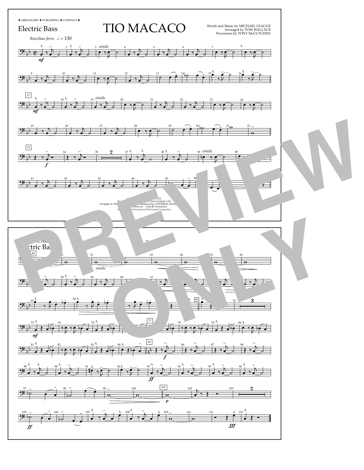 Download Tom Wallace Tio Macaco - Electric Bass Sheet Music and learn how to play Marching Band PDF digital score in minutes