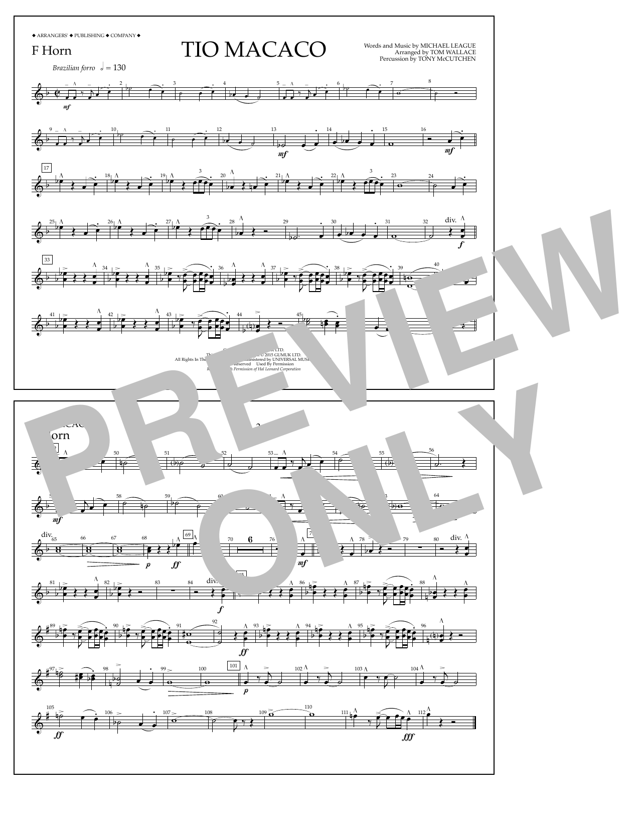 Download Tom Wallace Tio Macaco - F Horn Sheet Music and learn how to play Marching Band PDF digital score in minutes
