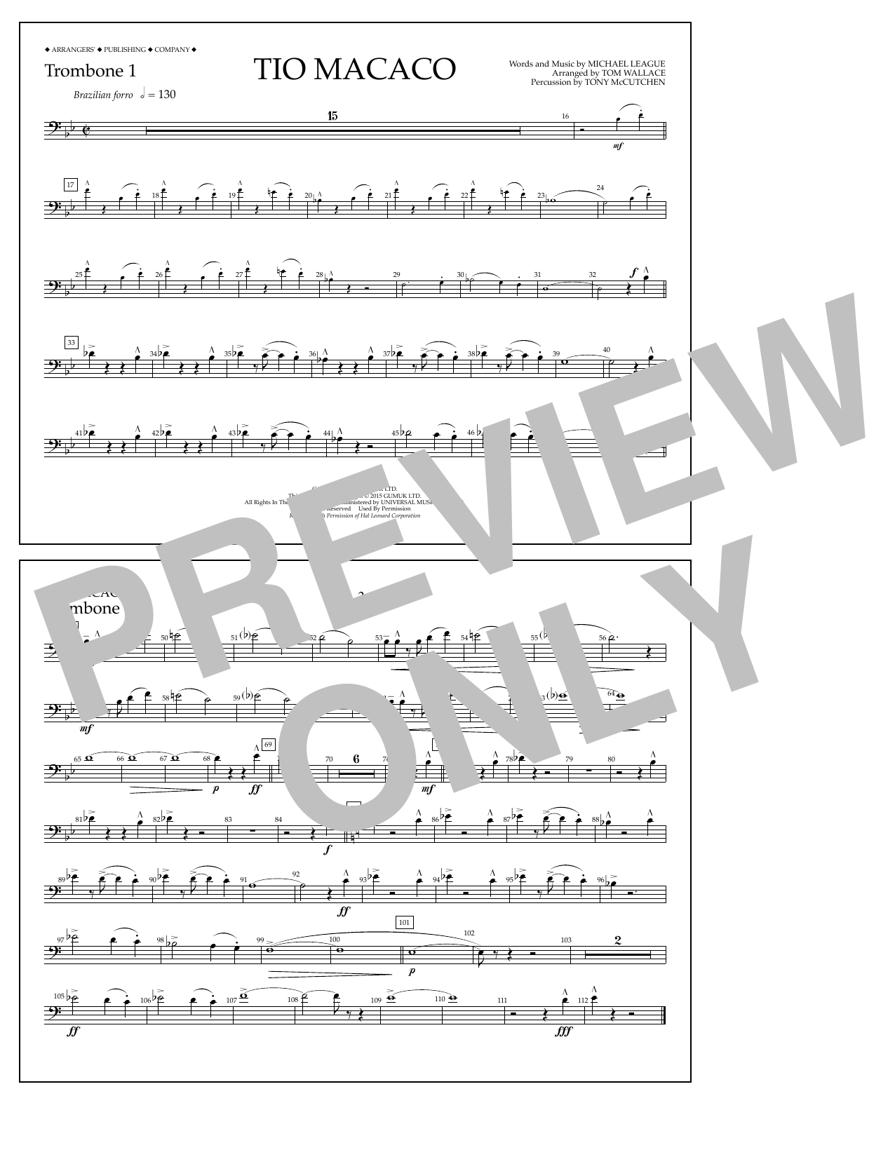 Download Tom Wallace Tio Macaco - Trombone 1 Sheet Music and learn how to play Marching Band PDF digital score in minutes