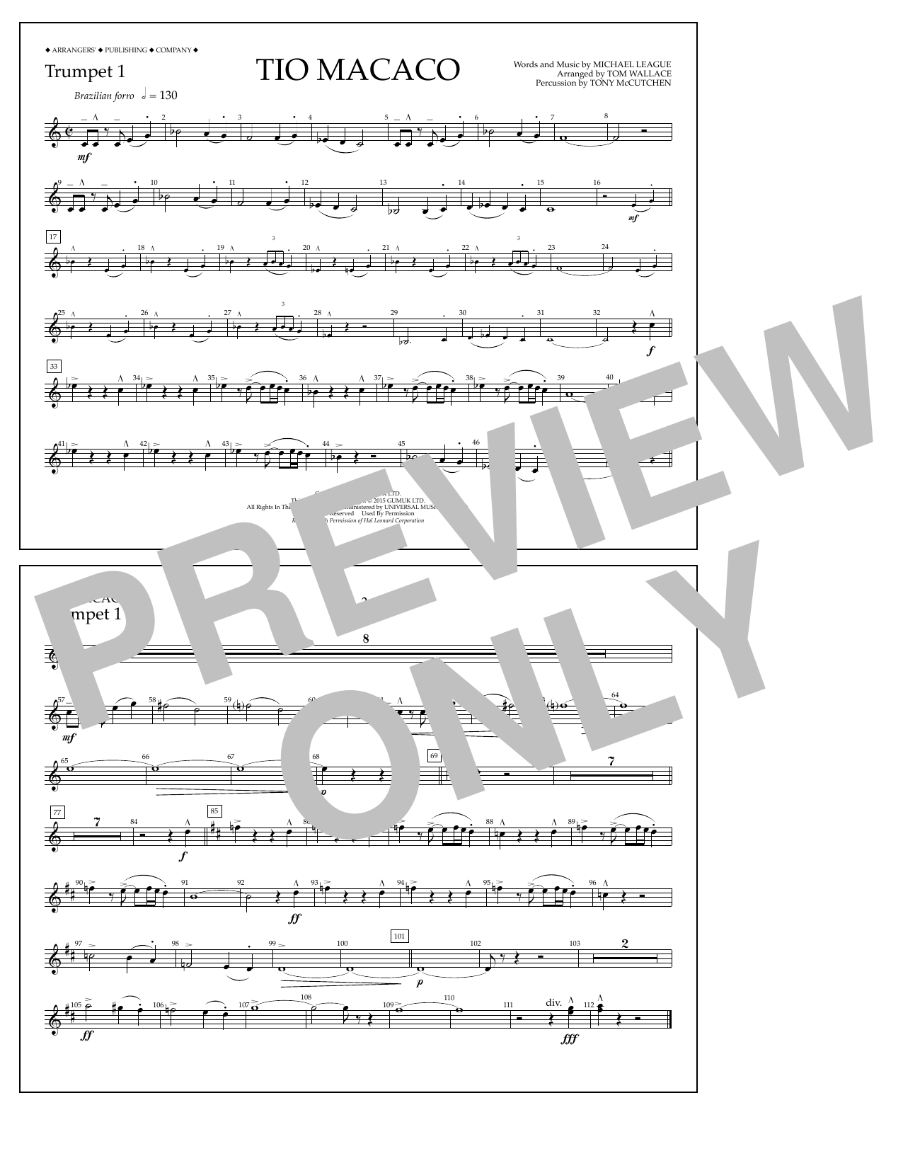 Download Tom Wallace Tio Macaco - Trumpet 1 Sheet Music and learn how to play Marching Band PDF digital score in minutes