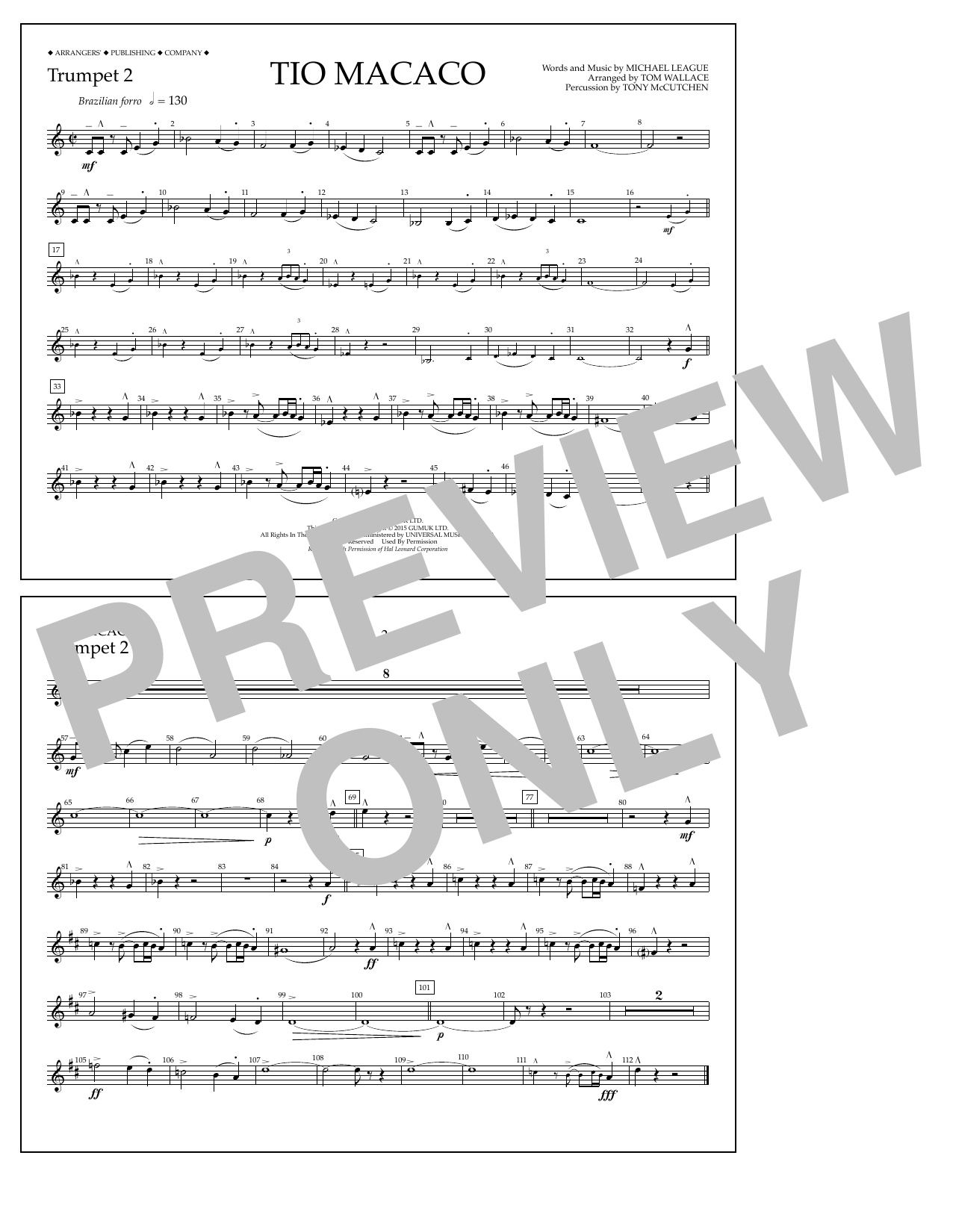 Download Tom Wallace Tio Macaco - Trumpet 2 Sheet Music and learn how to play Marching Band PDF digital score in minutes
