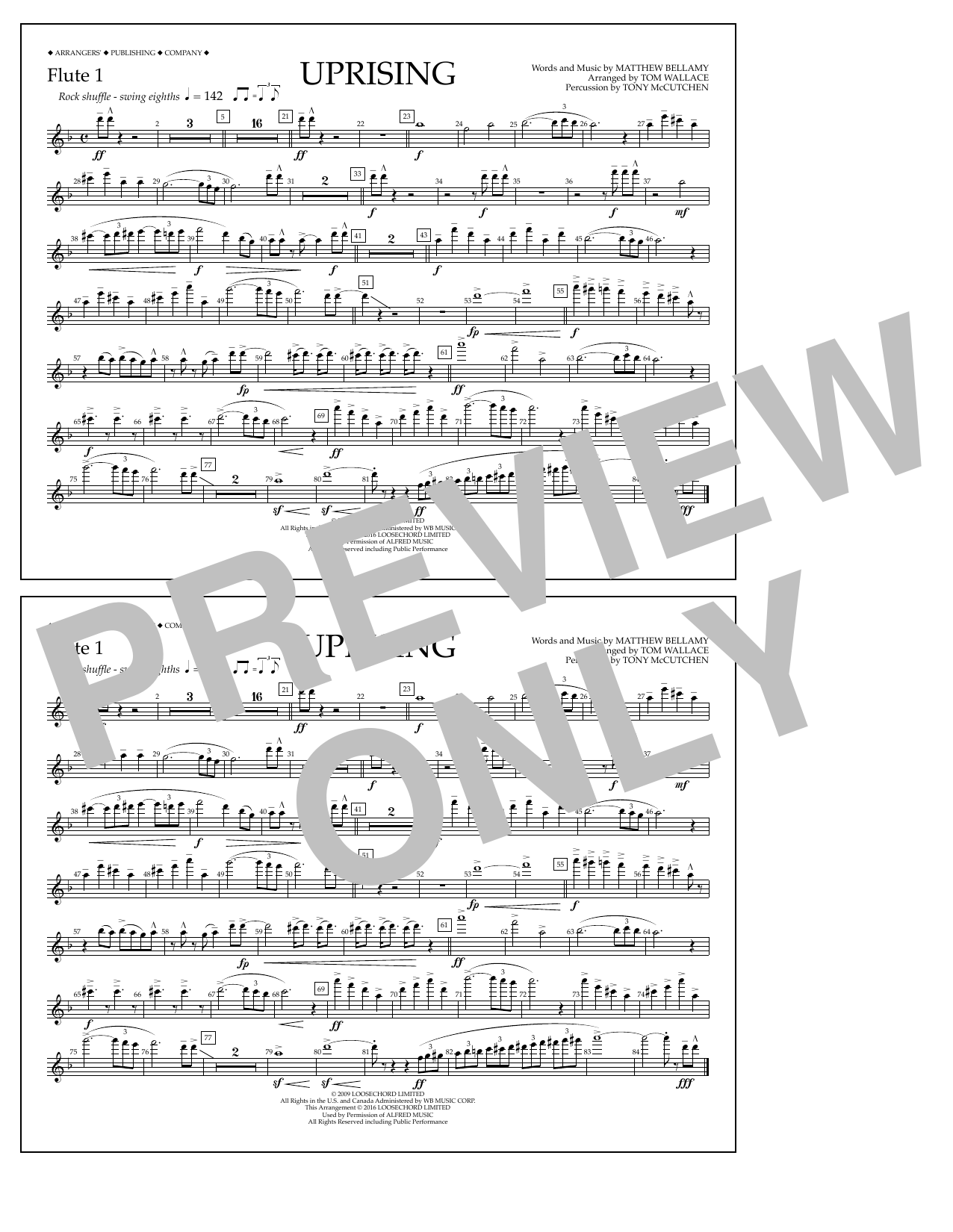 Download Tom Wallace Uprising - Flute 1 Sheet Music and learn how to play Marching Band PDF digital score in minutes