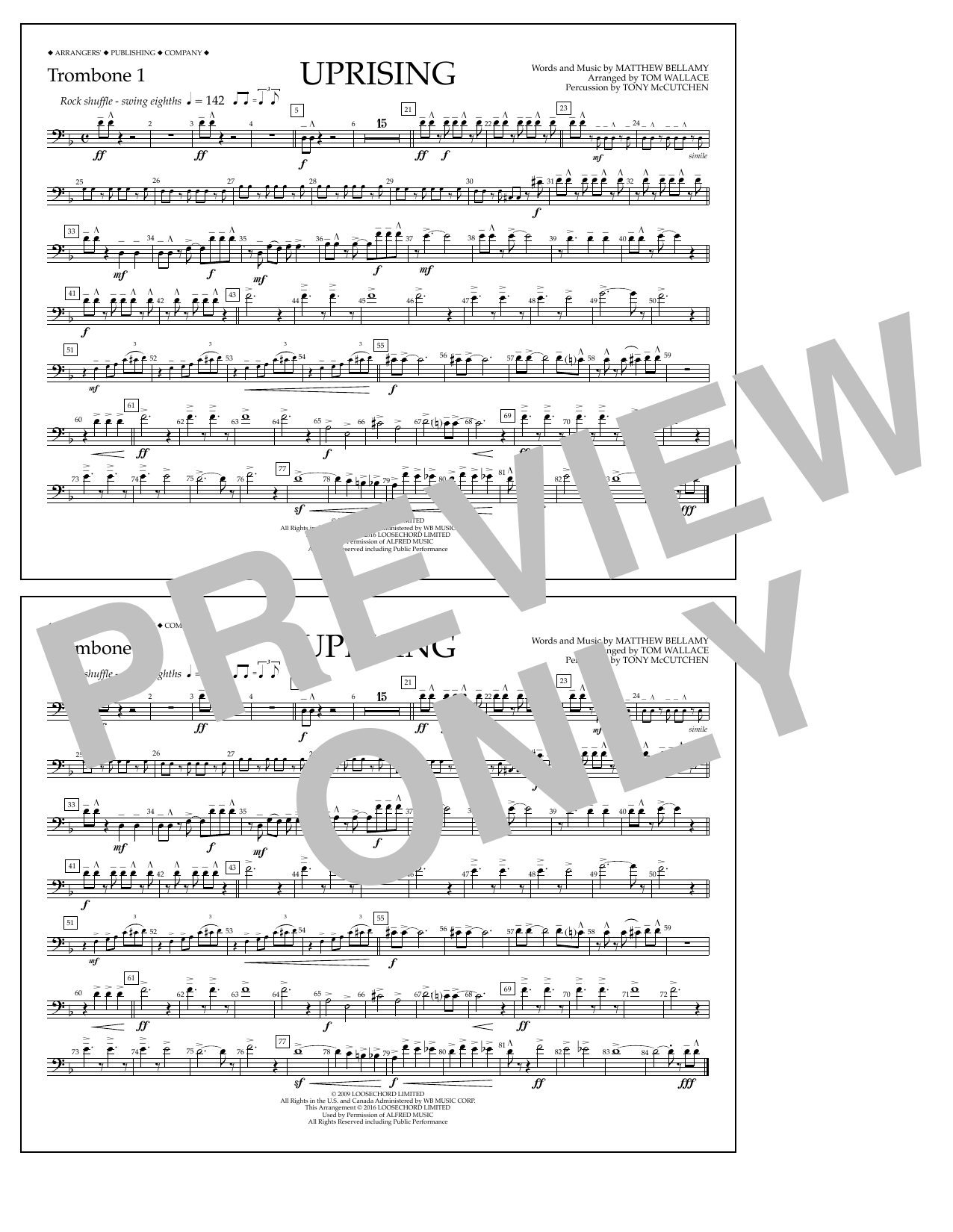 Download Tom Wallace Uprising - Trombone 1 Sheet Music and learn how to play Marching Band PDF digital score in minutes