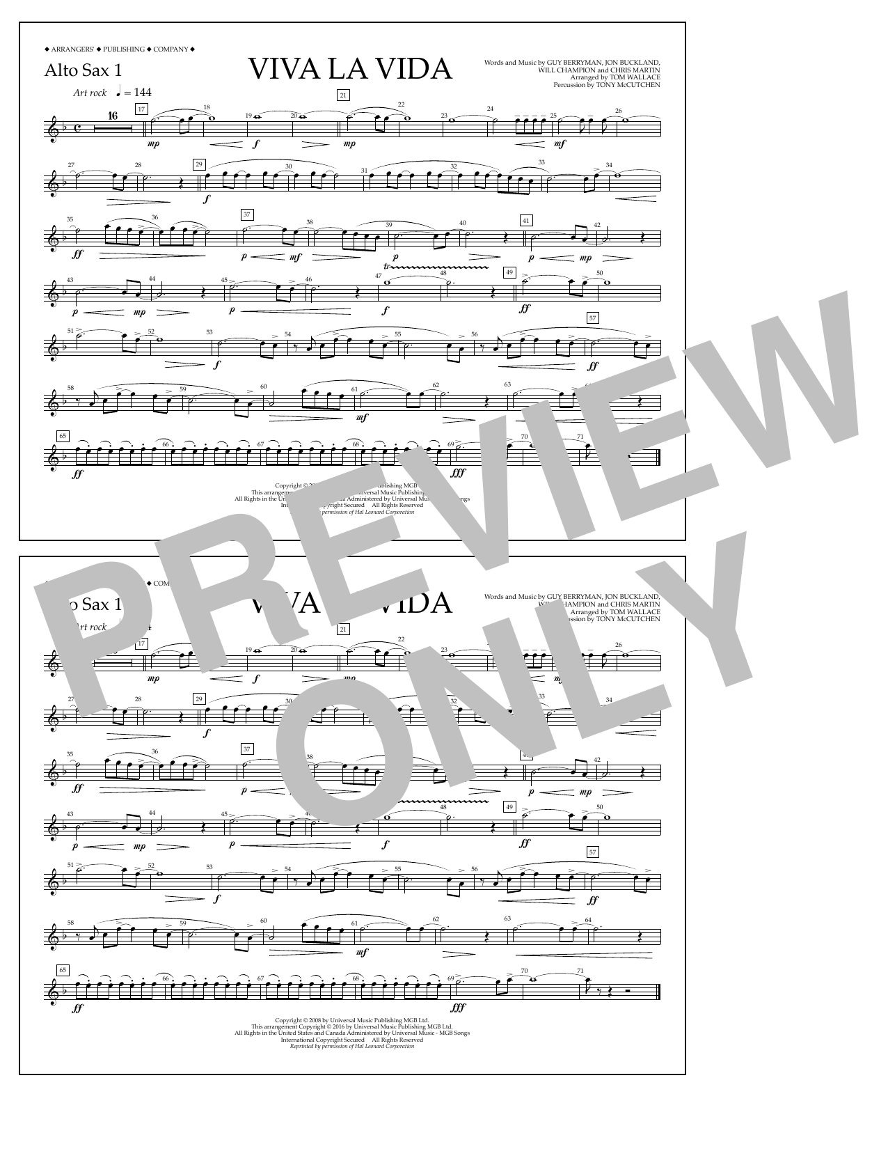 Download Tom Wallace Viva La Vida - Alto Sax 1 Sheet Music and learn how to play Marching Band PDF digital score in minutes