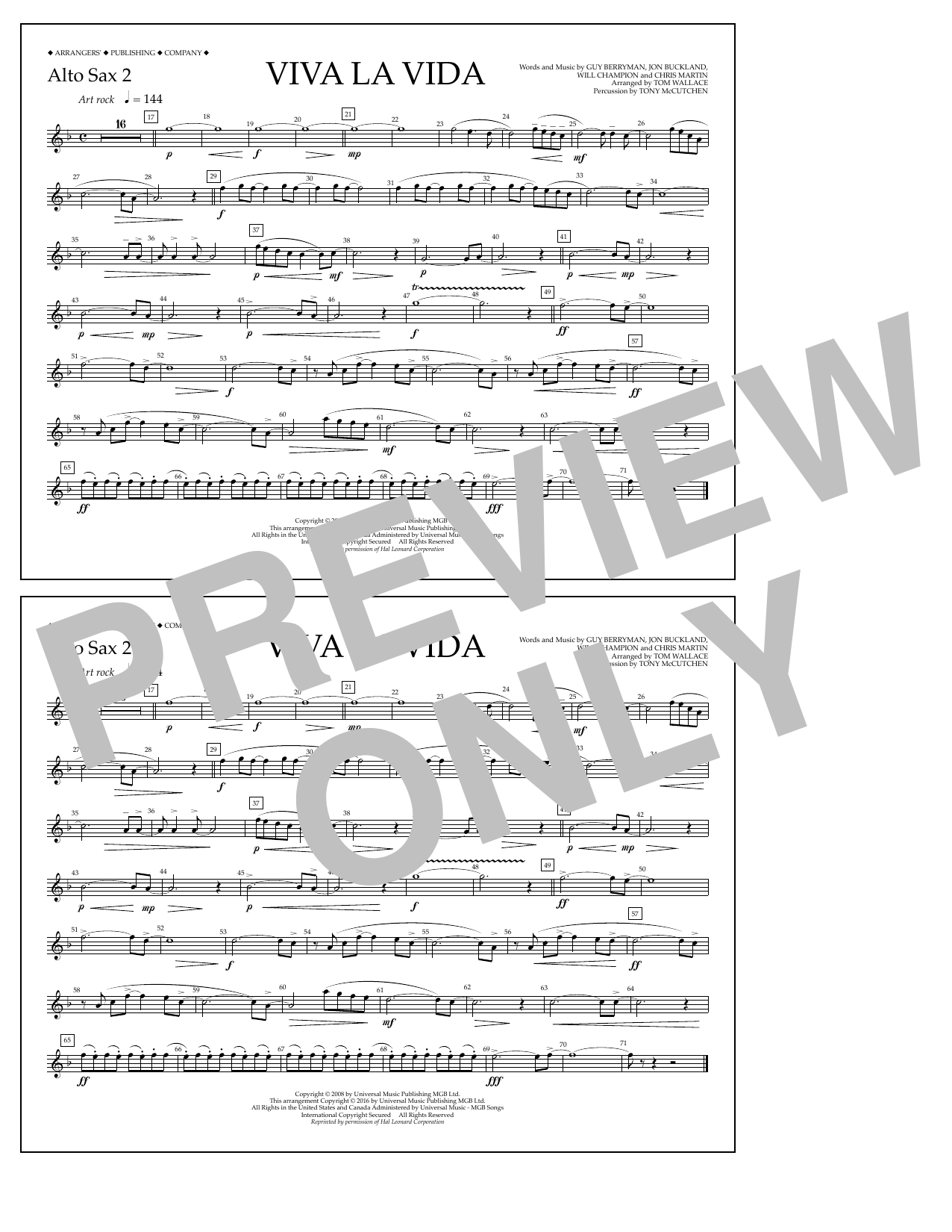 Download Tom Wallace Viva La Vida - Alto Sax 2 Sheet Music and learn how to play Marching Band PDF digital score in minutes