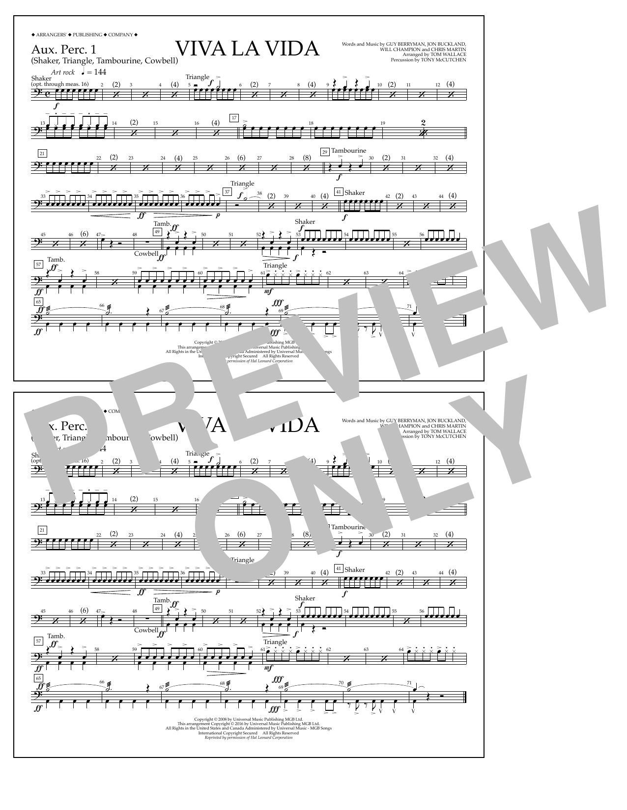 Download Tom Wallace Viva La Vida - Aux. Perc. 1 Sheet Music and learn how to play Marching Band PDF digital score in minutes