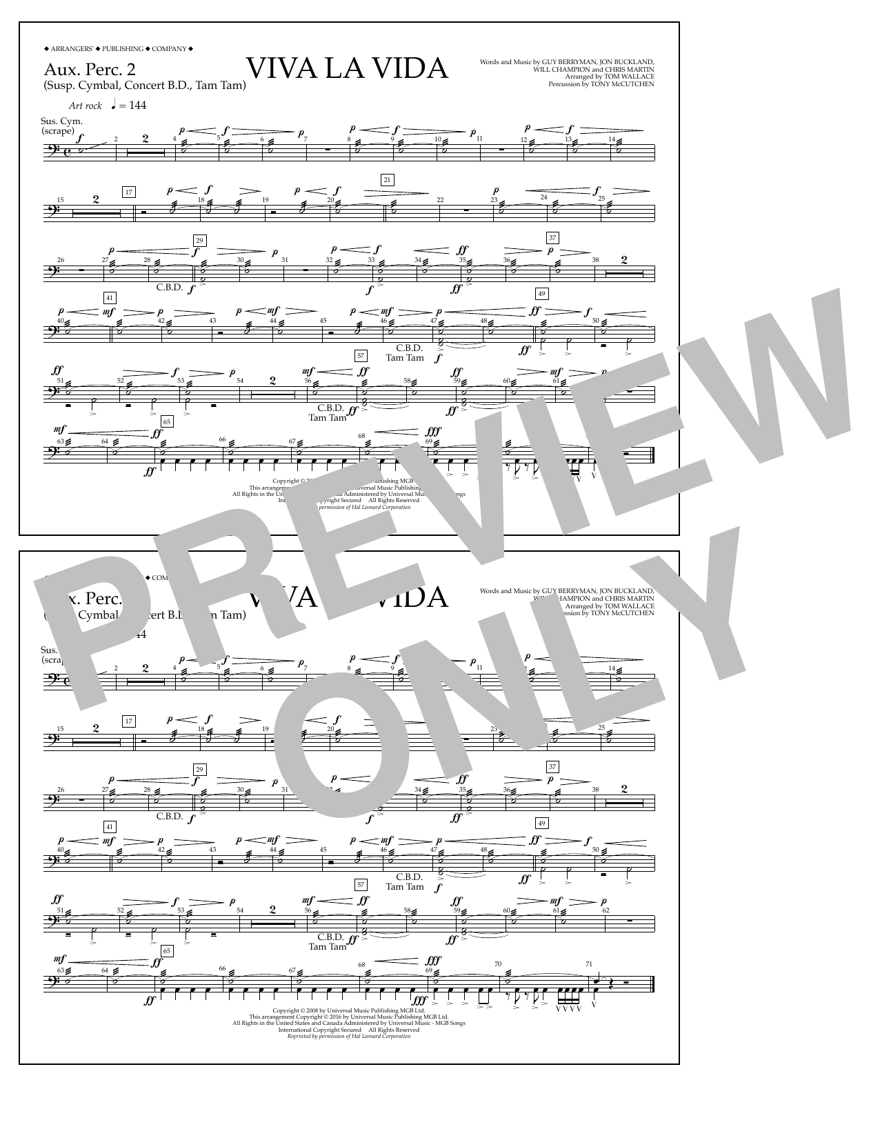 Download Tom Wallace Viva La Vida - Aux. Perc. 2 Sheet Music and learn how to play Marching Band PDF digital score in minutes