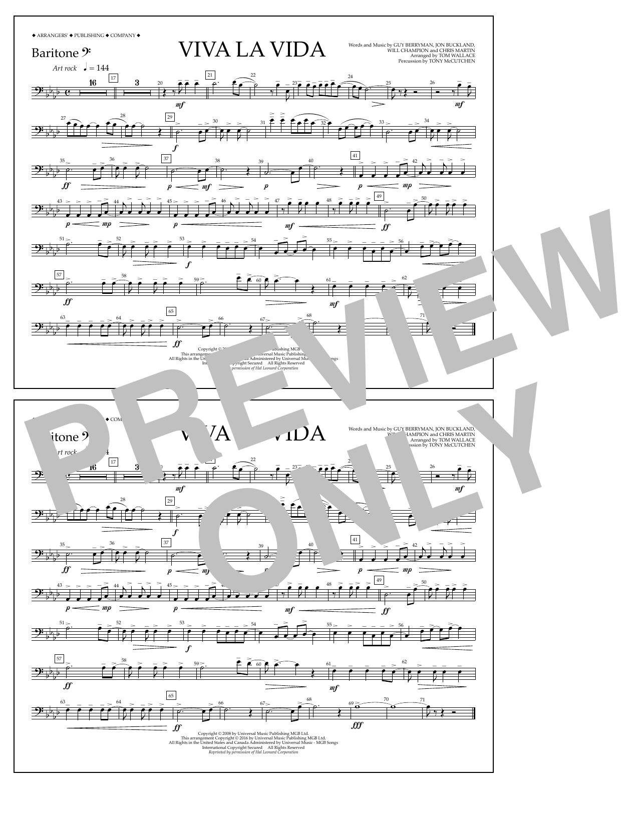 Download Tom Wallace Viva La Vida - Baritone B.C. Sheet Music and learn how to play Marching Band PDF digital score in minutes