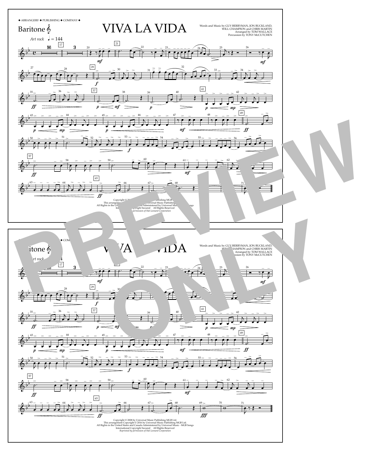 Download Tom Wallace Viva La Vida - Baritone T.C. Sheet Music and learn how to play Marching Band PDF digital score in minutes